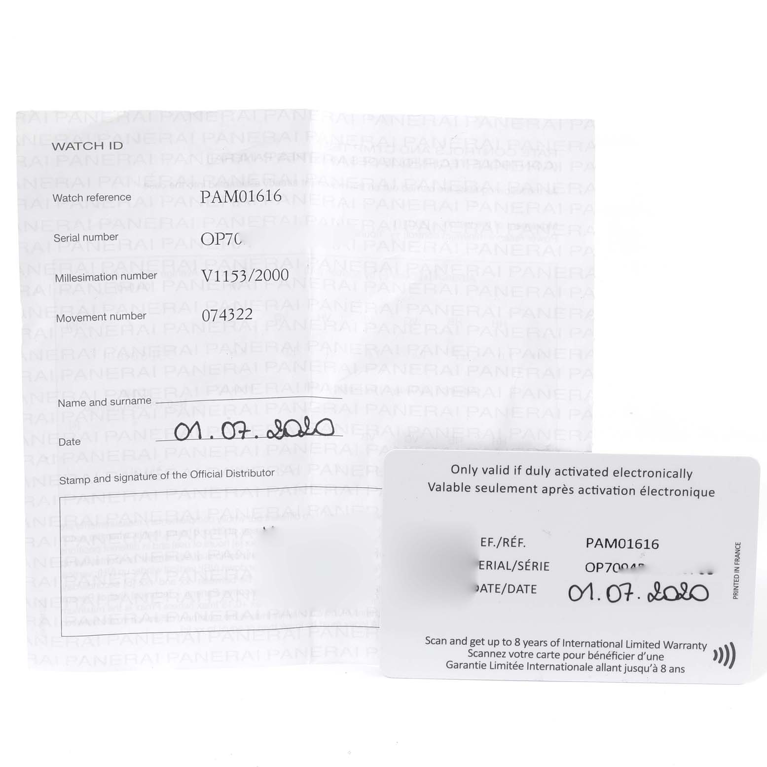 The image shows warranty paperwork and a card for a Panerai Submersible PAM01616 Men's Ceramic Black Dial PAM01616 Men's Ceramic Black Dial model PAM01616.