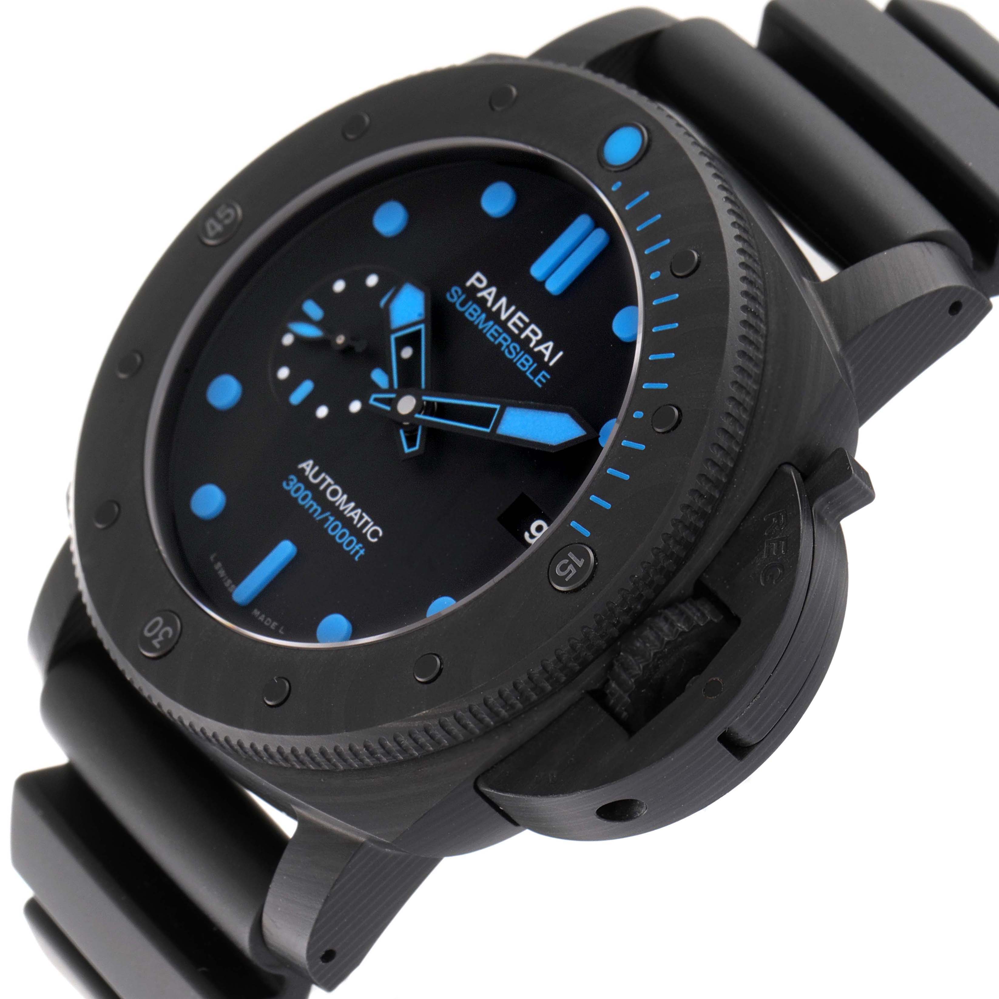 The image shows a close-up angled view of the Panerai Submersible PAM01616 Men's Ceramic Black Dial PAM01616 Men's Ceramic Black Dial watch, highlighting the face, bezel, and part of the band.