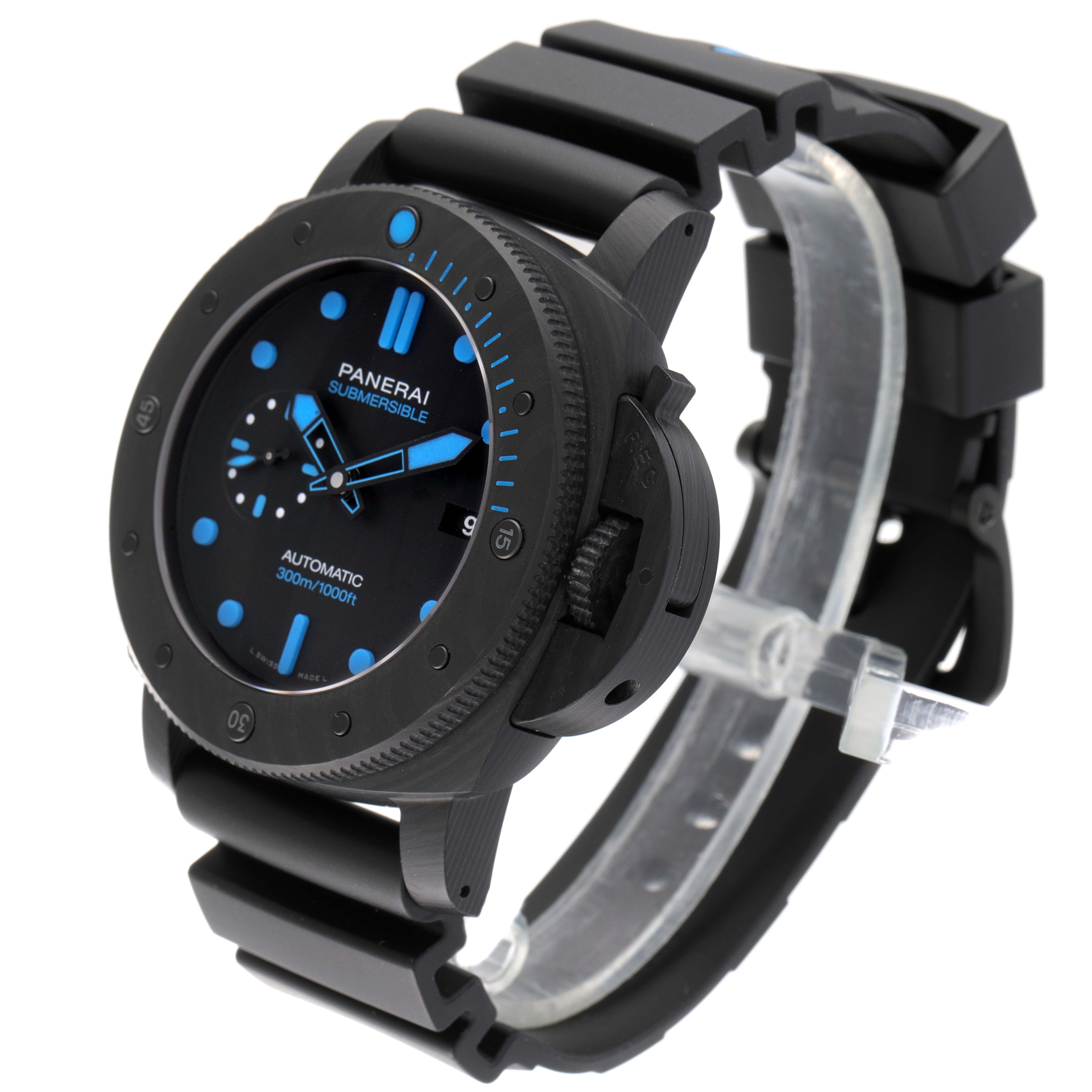 The image shows a Panerai Submersible PAM01616 Men's Ceramic Black Dial PAM01616 Men's Ceramic Black Dial watch at an angle displaying the face, bezel, and rubber strap.