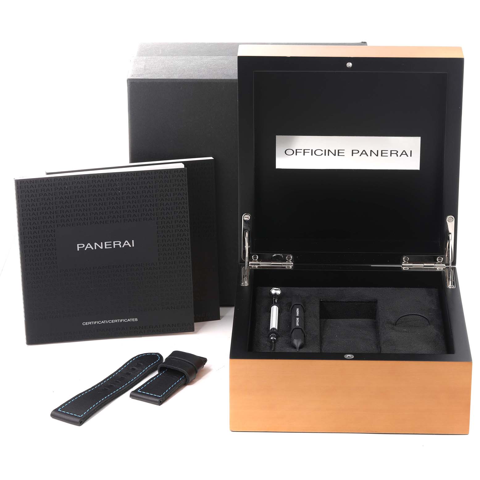 The image shows the packaging and accessories for the Panerai Submersible PAM01305 Men's Titanium Black Dial PAM01305 Men's Titanium Black Dial watch, including a wooden box, tools, booklet, and additional strap.