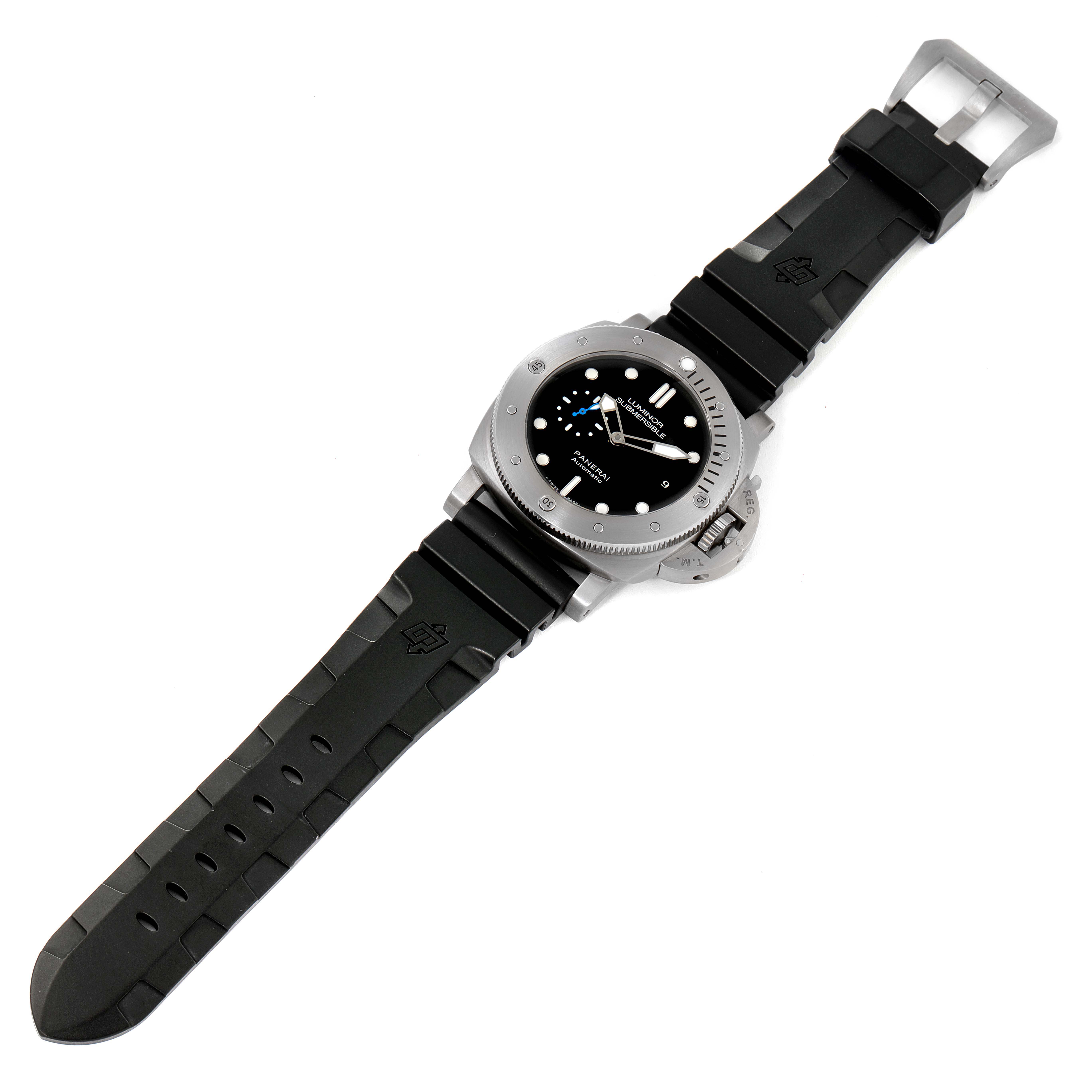 The image shows a top-down view of a Panerai Submersible PAM01305 Men's Titanium Black Dial PAM01305 Men's Titanium Black Dial model watch, displaying its face, bezel, and rubber strap.