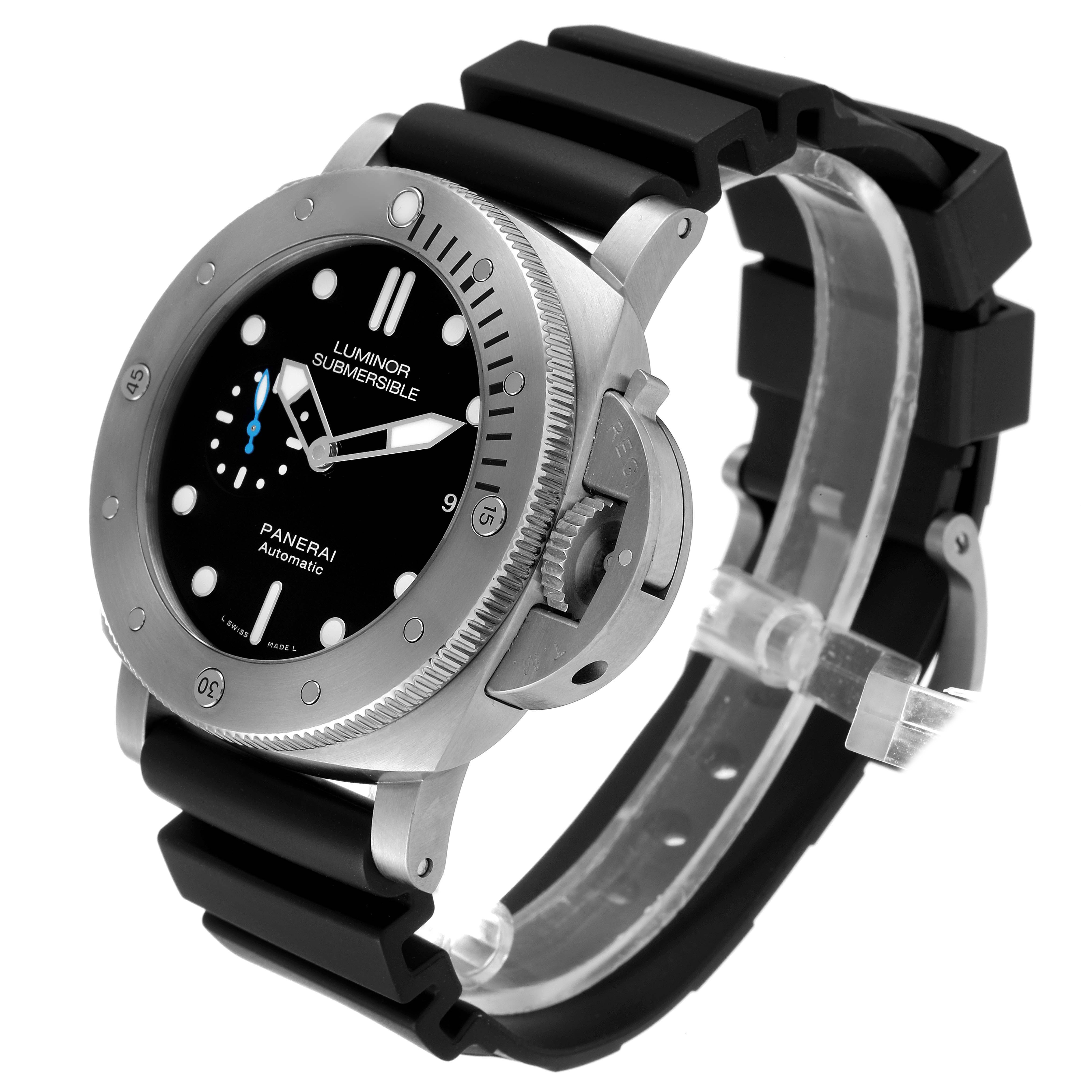 The Panerai Submersible PAM01305 Men's Titanium Black Dial PAM01305 Men's Titanium Black Dial watch is shown at a three-quarter angle, displaying its bezel, dial, and rubber strap.