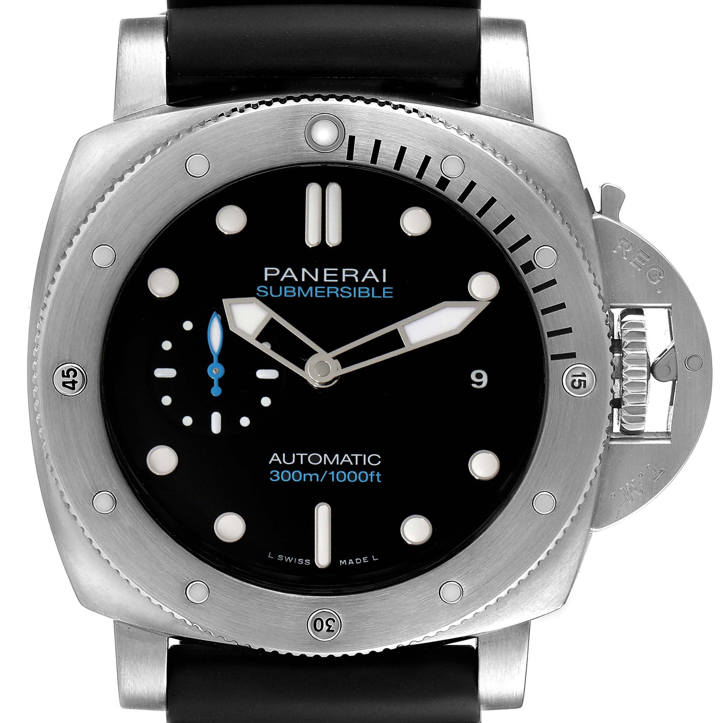 This is a front-facing view of the Panerai Submersible PAM01305 Men's Titanium Black Dial PAM01305 Men's Titanium Black Dial watch, showing the dial, bezel, and crown guard.