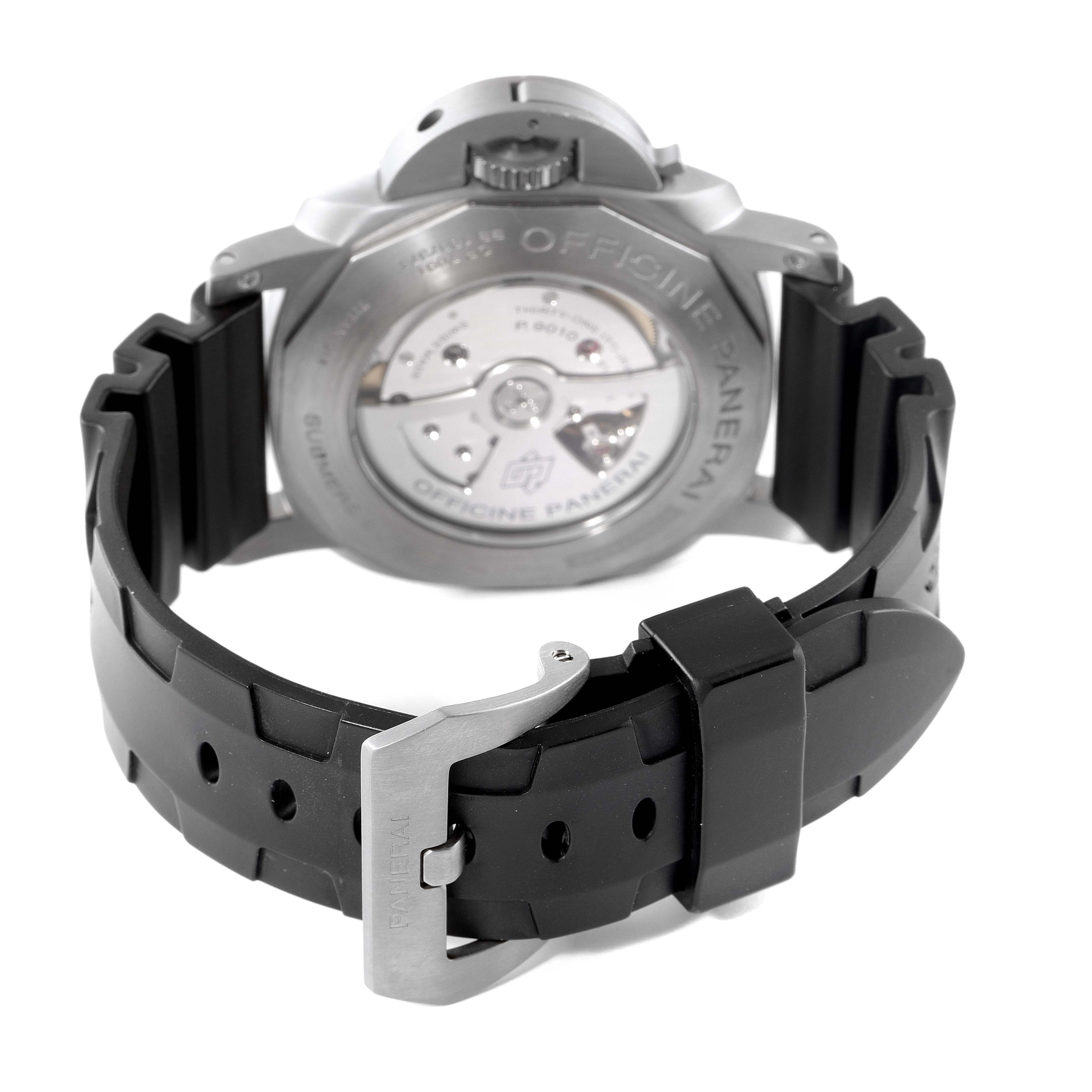This image shows the back of the Panerai Submersible PAM01305 Men's Titanium Black Dial PAM01305 Men's Titanium Black Dial watch with its open case back and the rubber strap with buckle.