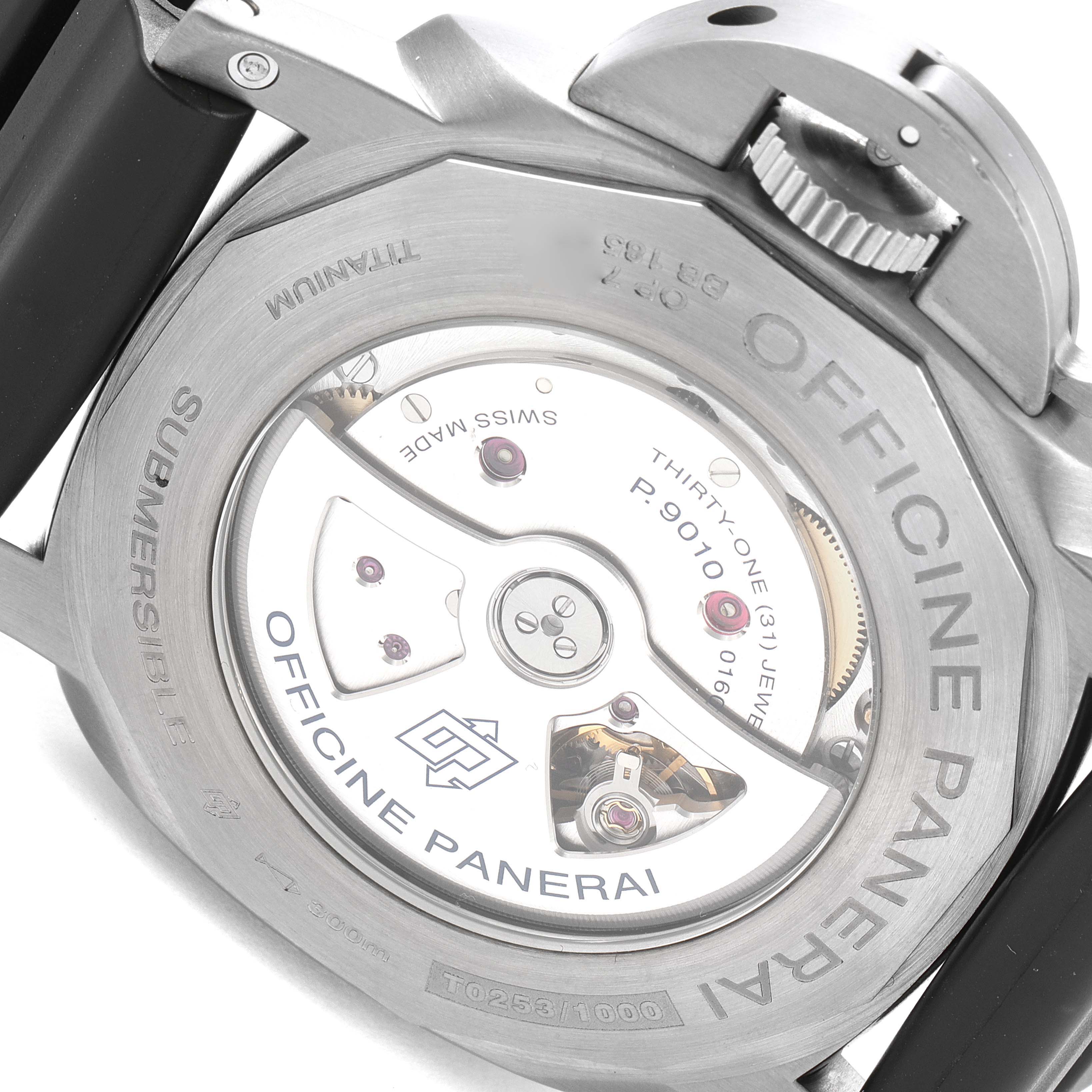 This image shows the back view of the Panerai Submersible PAM01305 Men's Titanium Black Dial PAM01305 Men's Titanium Black Dial watch, highlighting its inner mechanical movement and details.