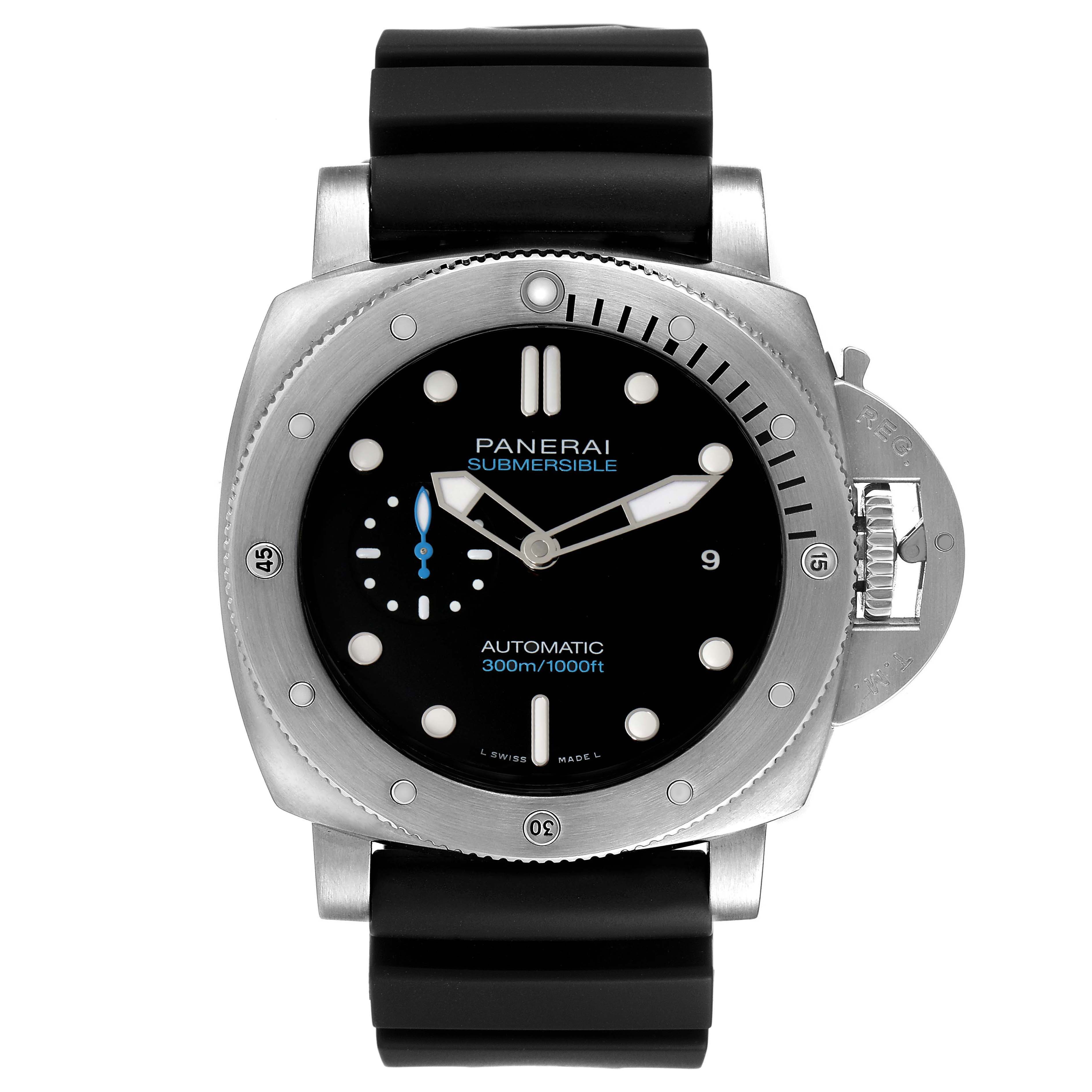 The Panerai Submersible PAM01305 Men's Titanium Black Dial PAM01305 Men's Titanium Black Dial watch is shown from the front, featuring the dial, bezel, and black strap.