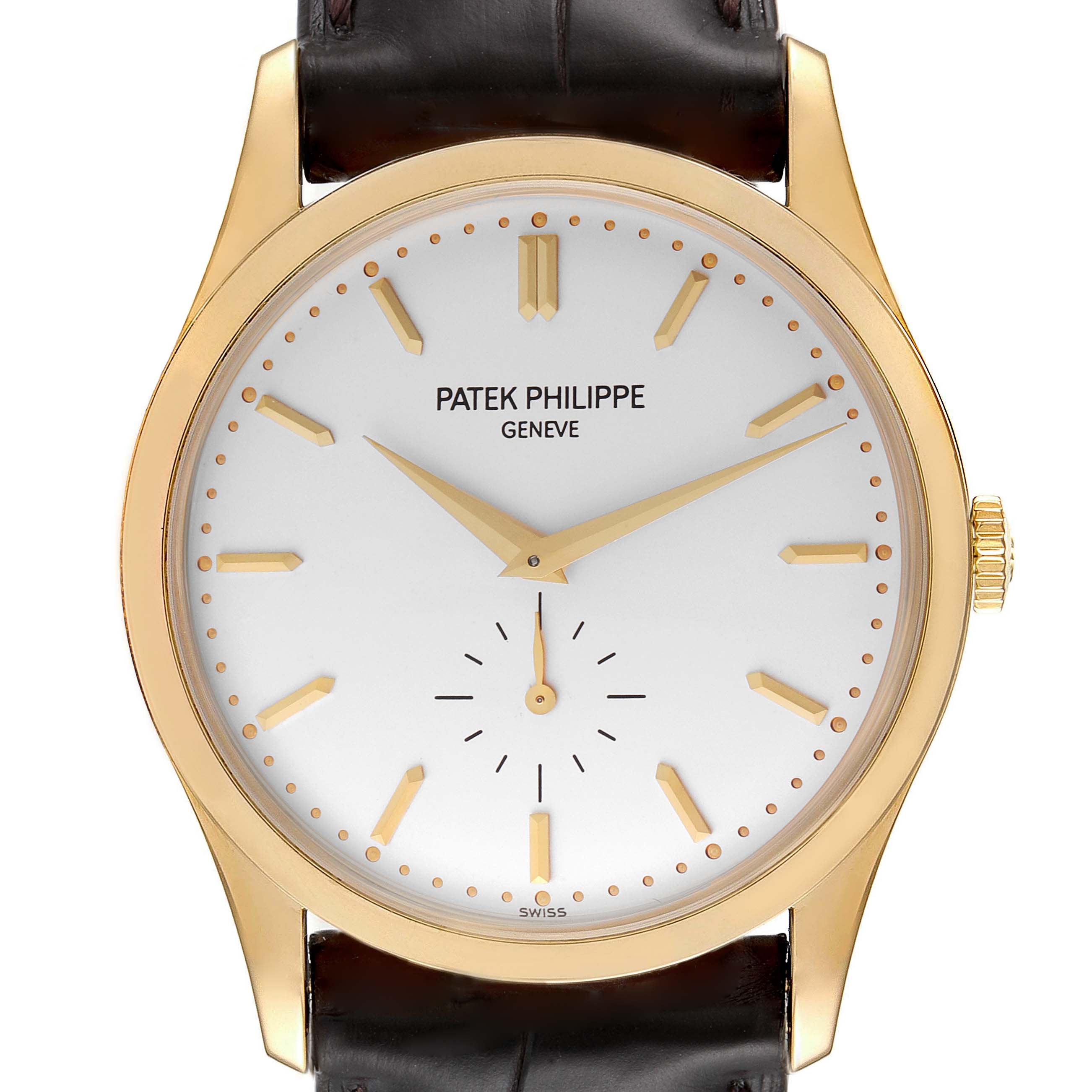 The image shows a frontal view of the Patek Philippe Calatrava 5196J Men's Yellow Gold Silver Dial 5196J Men's Yellow Gold Silver Dial watch, highlighting its dial, hands, crown, and leather strap.