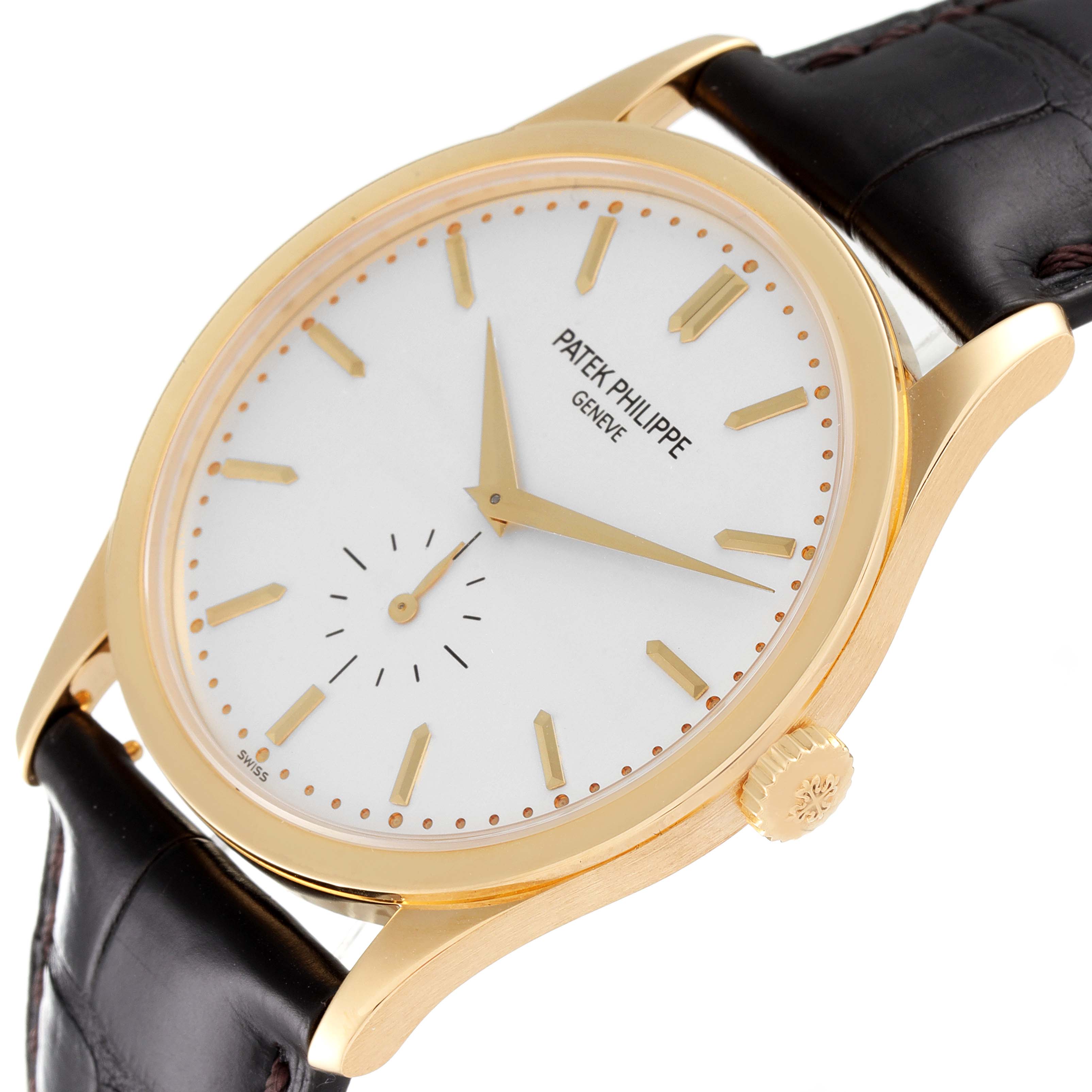 The image shows a Patek Philippe Calatrava 5196J Men's Yellow Gold Silver Dial 5196J Men's Yellow Gold Silver Dial watch from a front angle, highlighting the dial, crown, and leather strap.