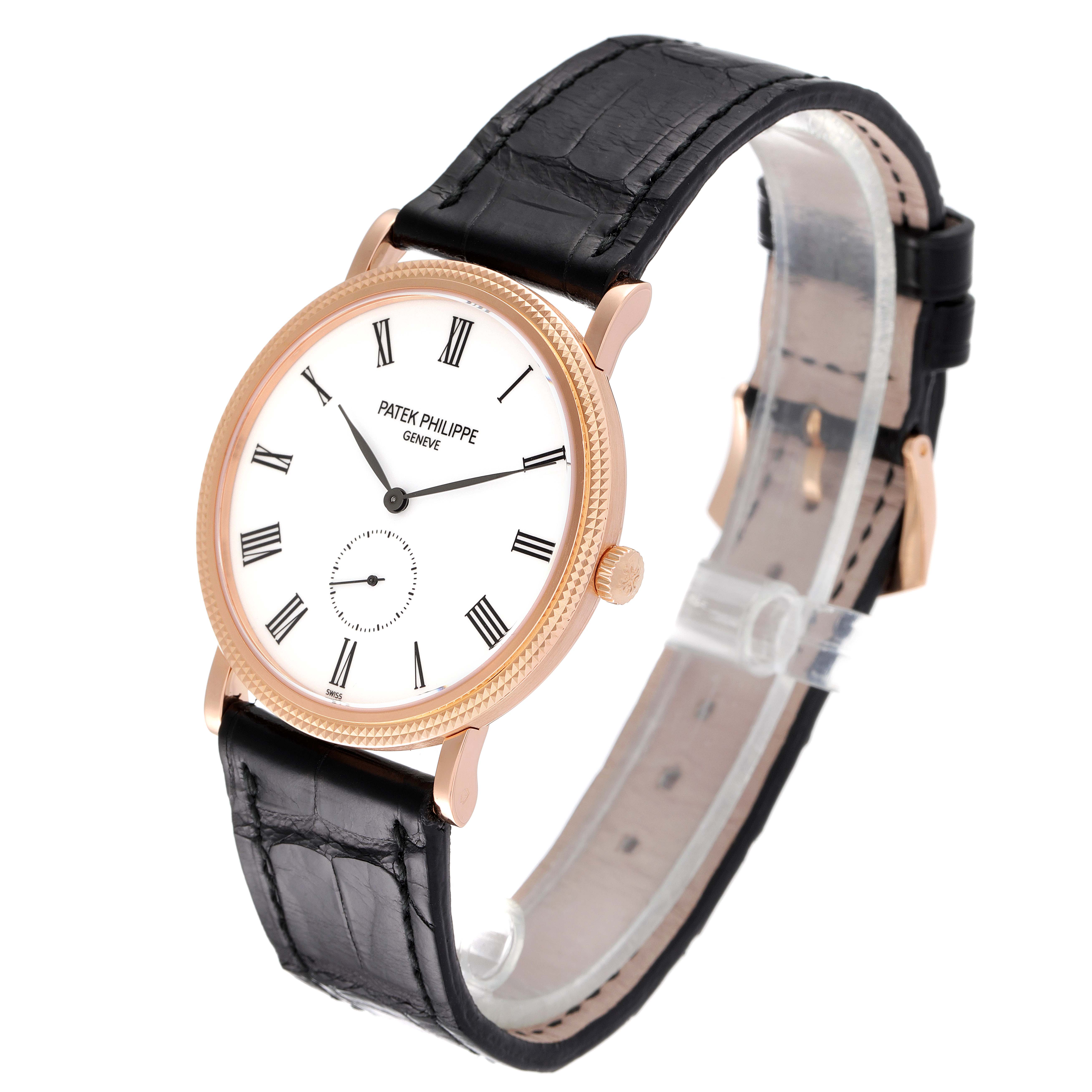 The Patek Philippe Calatrava 5119R Men's Rose Gold White Dial 5119R Men's Rose Gold White Dial watch is shown at a three-quarter angle, displaying the face, bezel, strap, and crown.