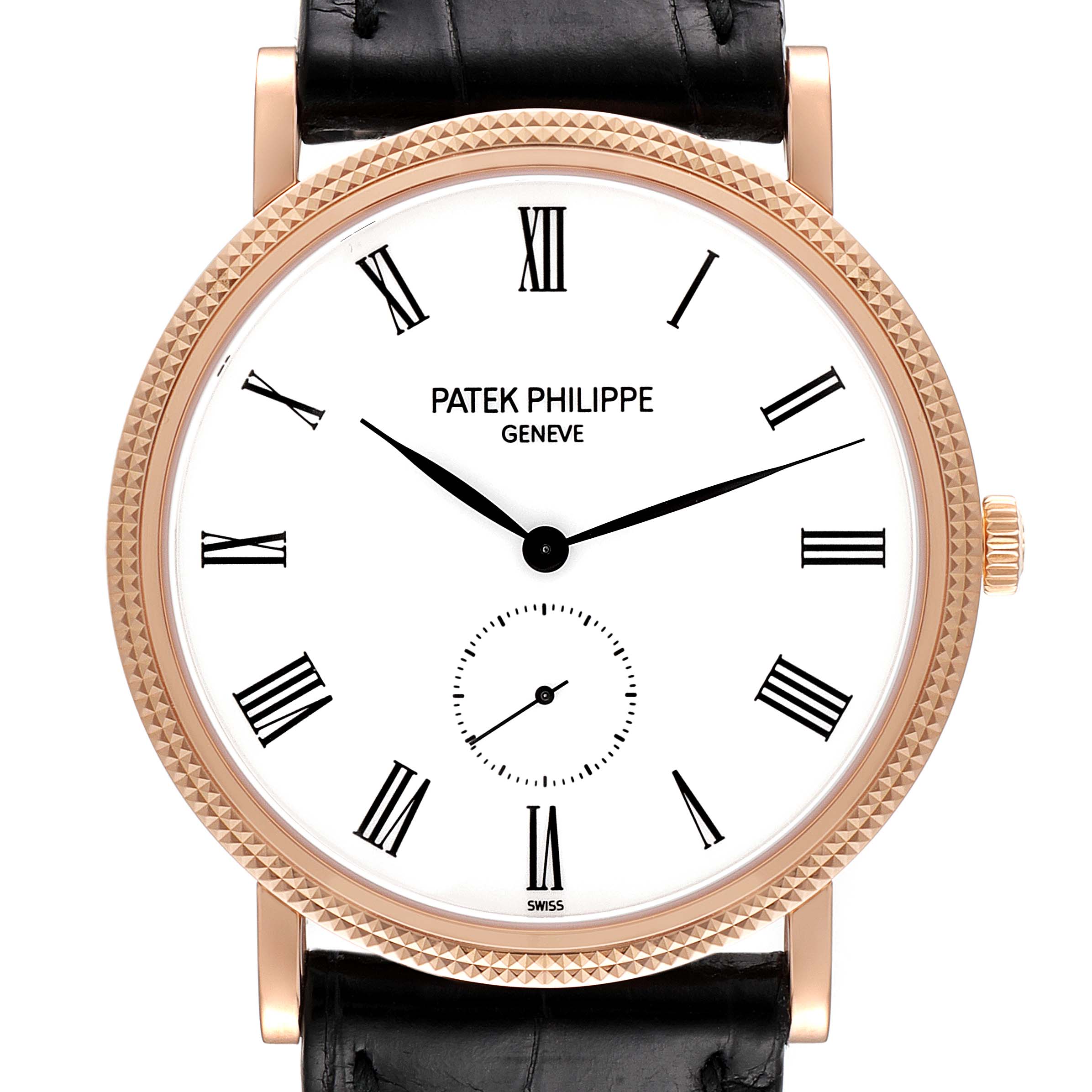 This is a front view of a Patek Philippe Calatrava 5119R Men's Rose Gold White Dial 5119R Men's Rose Gold White Dial watch showing the dial, hands, case, bezel, and part of the black leather strap.