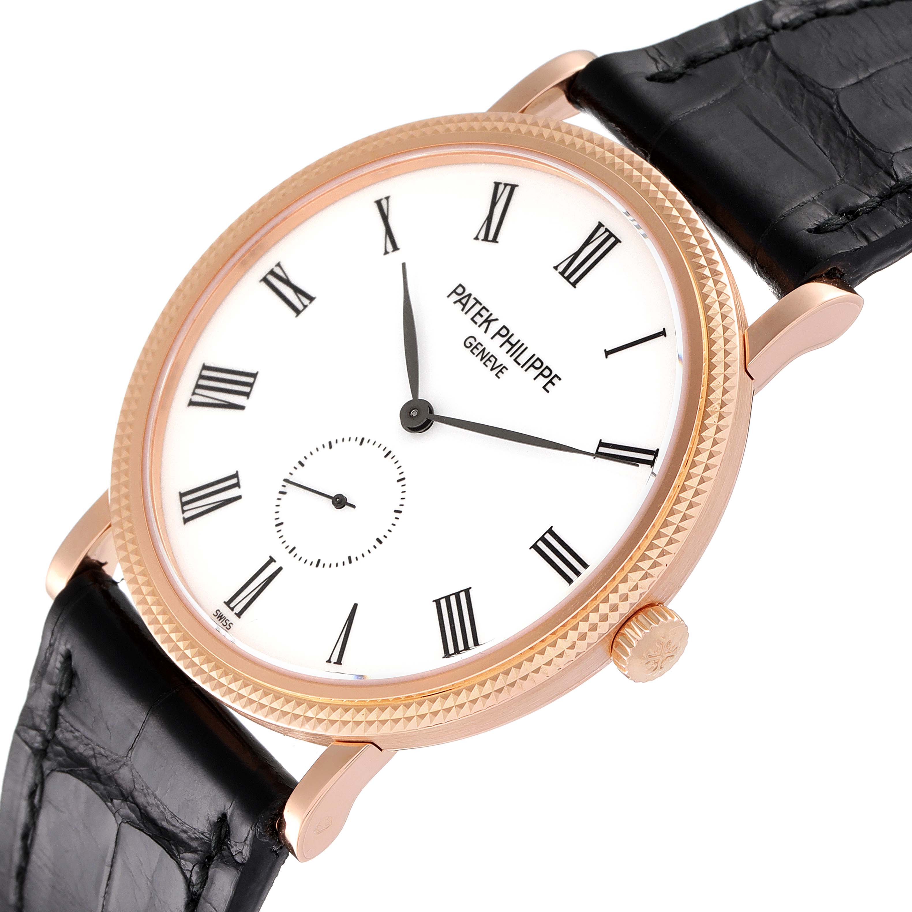 The image shows a close-up of a Patek Philippe Calatrava 5119R Men's Rose Gold White Dial 5119R Men's Rose Gold White Dial watch, highlighting the dial, case, crown, and part of the strap.