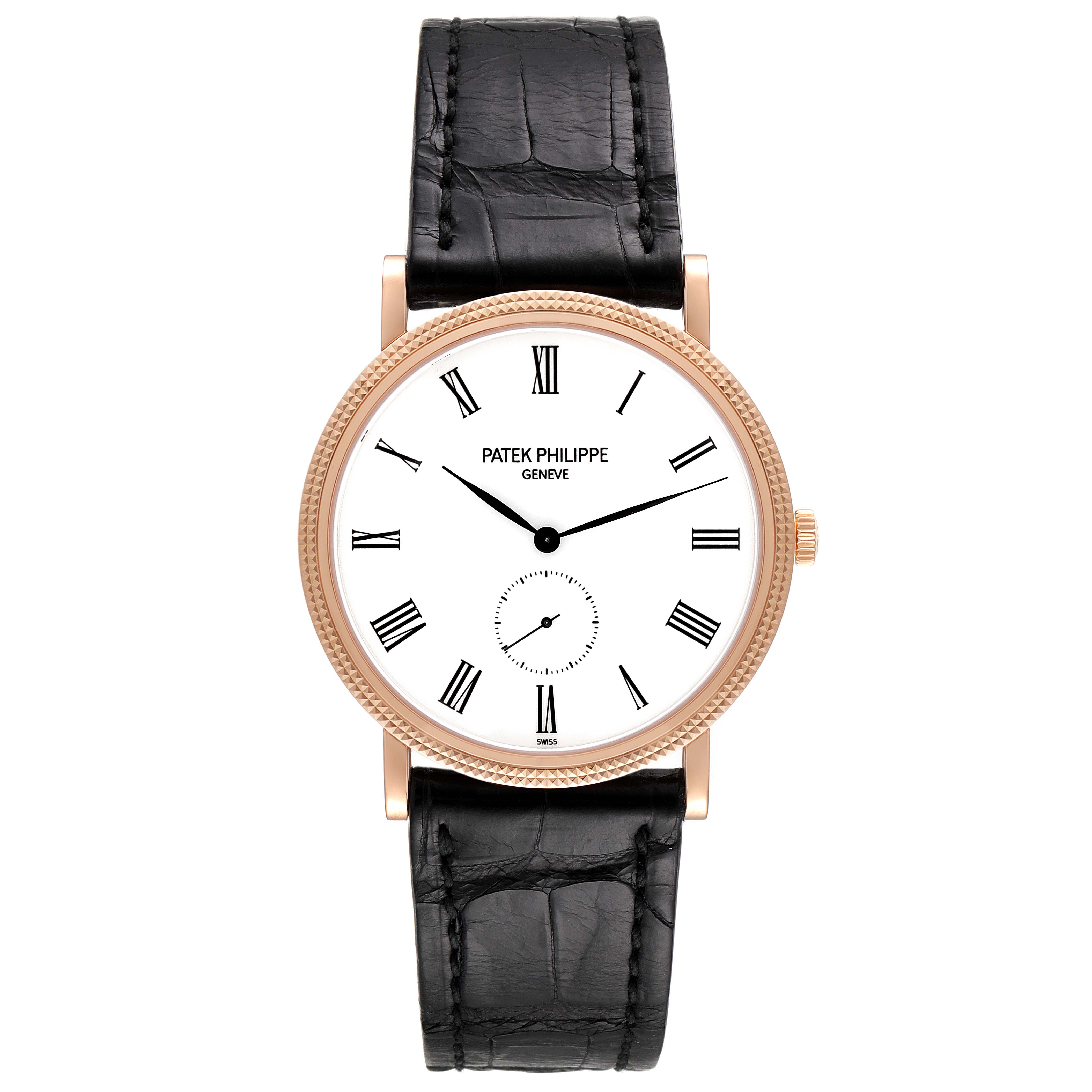 The image shows a front view of a Patek Philippe Calatrava 5119R Men's Rose Gold White Dial 5119R Men's Rose Gold White Dial model watch, displaying the face, bezel, case, crown, and black leather strap.