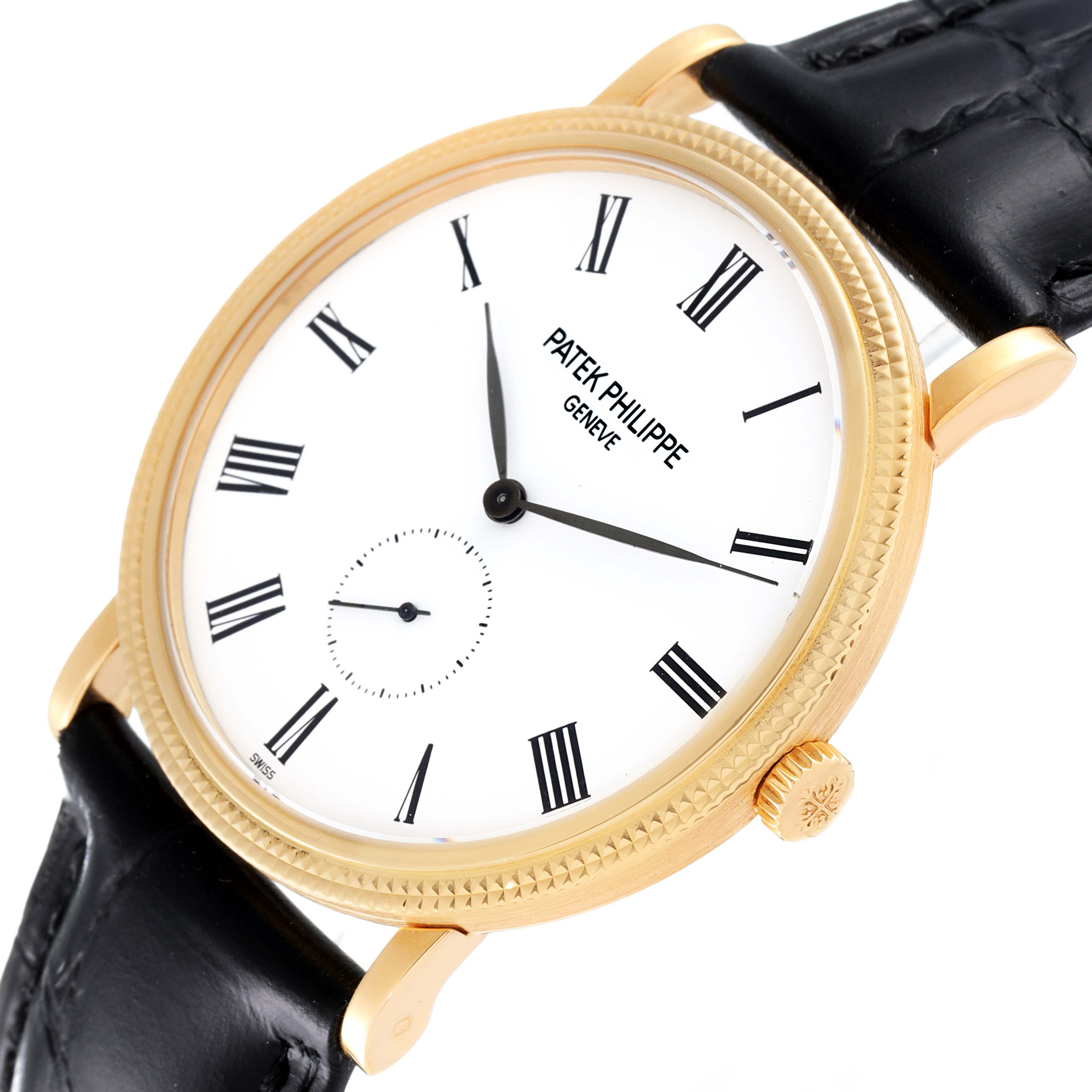 This image shows a Calatrava model by Patek Philippe, featuring the watch face, crown, and part of the leather strap at a slight angle.