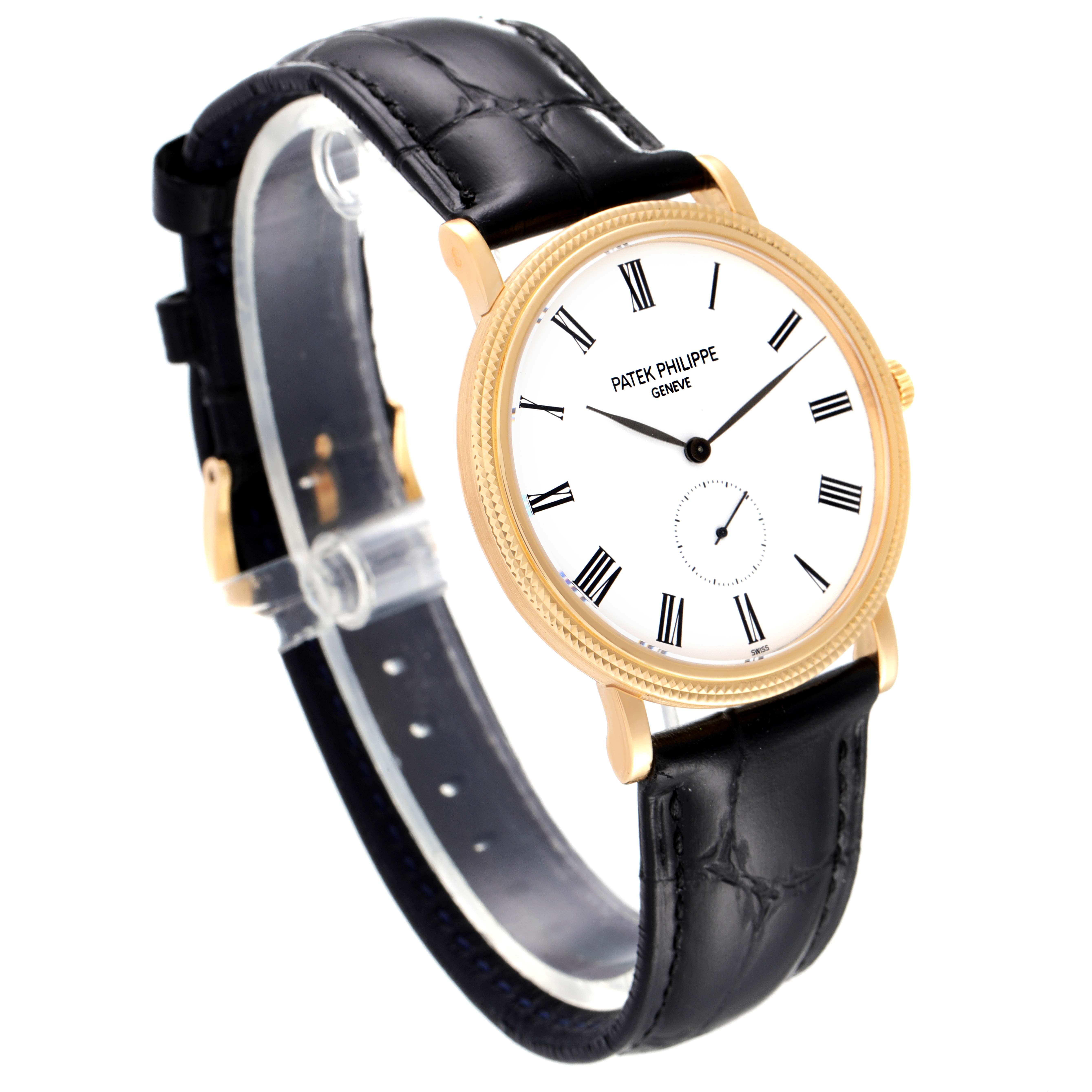 The image shows a Patek Philippe Calatrava 5119J Men's Yellow Gold White Dial 5119J Men's Yellow Gold White Dial watch at an angled side view, highlighting its black leather strap and gold bezel.