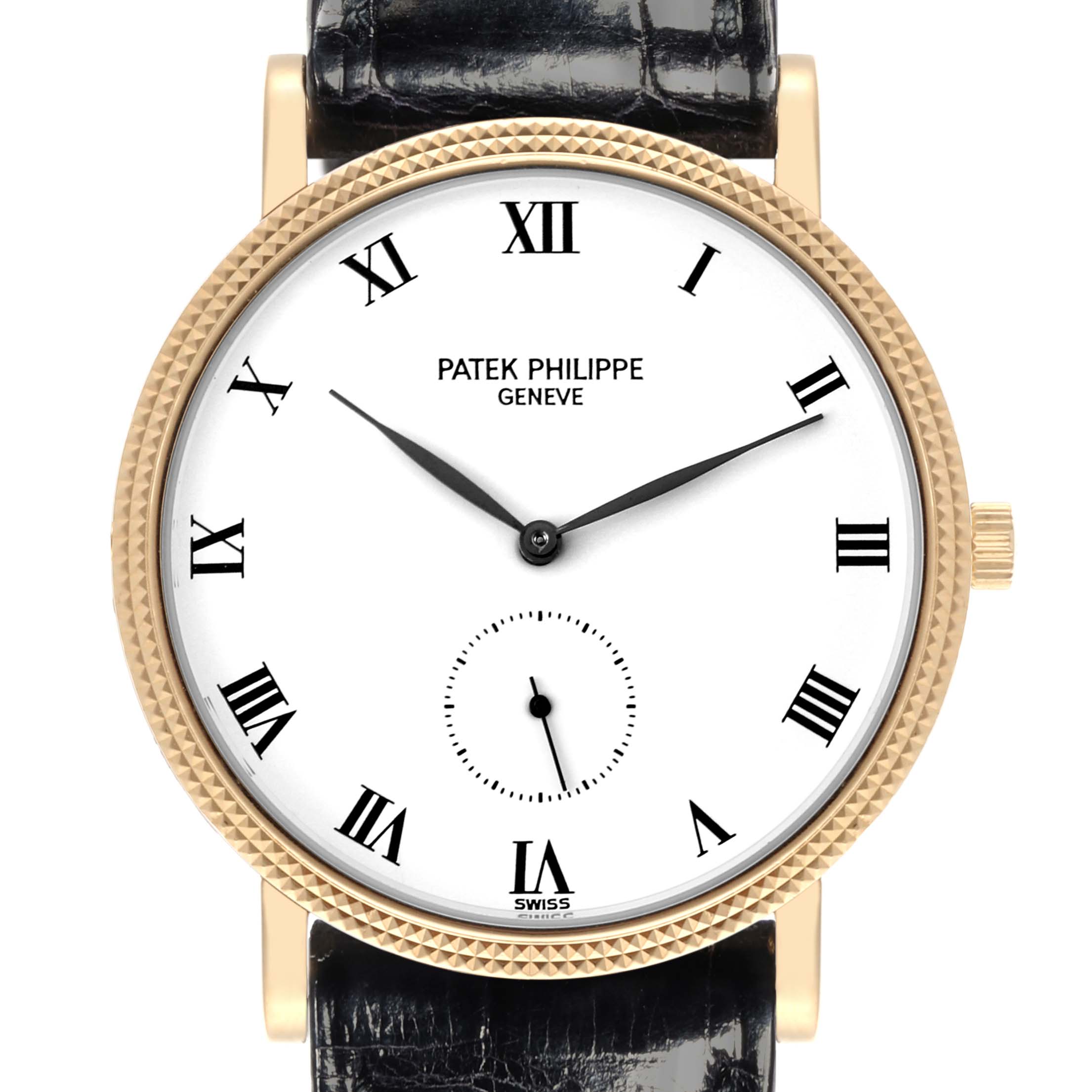 The Patek Philippe Calatrava 3919J Men's Yellow Gold White Dial 3919J Men's Yellow Gold White Dial watch is shown from a front angle, displaying the face, bezel, and part of the leather strap.