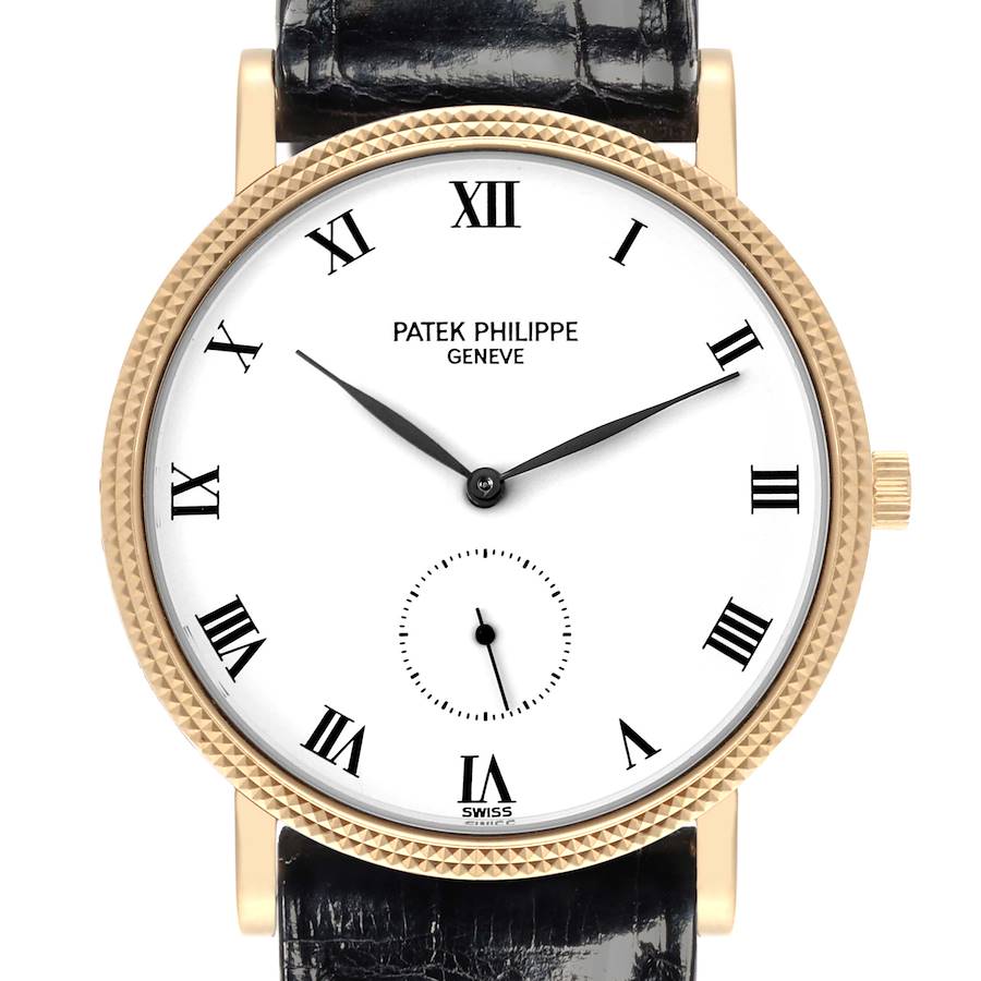 The Patek Philippe Calatrava watch is shown from a front angle, displaying the face, bezel, and part of the leather strap.