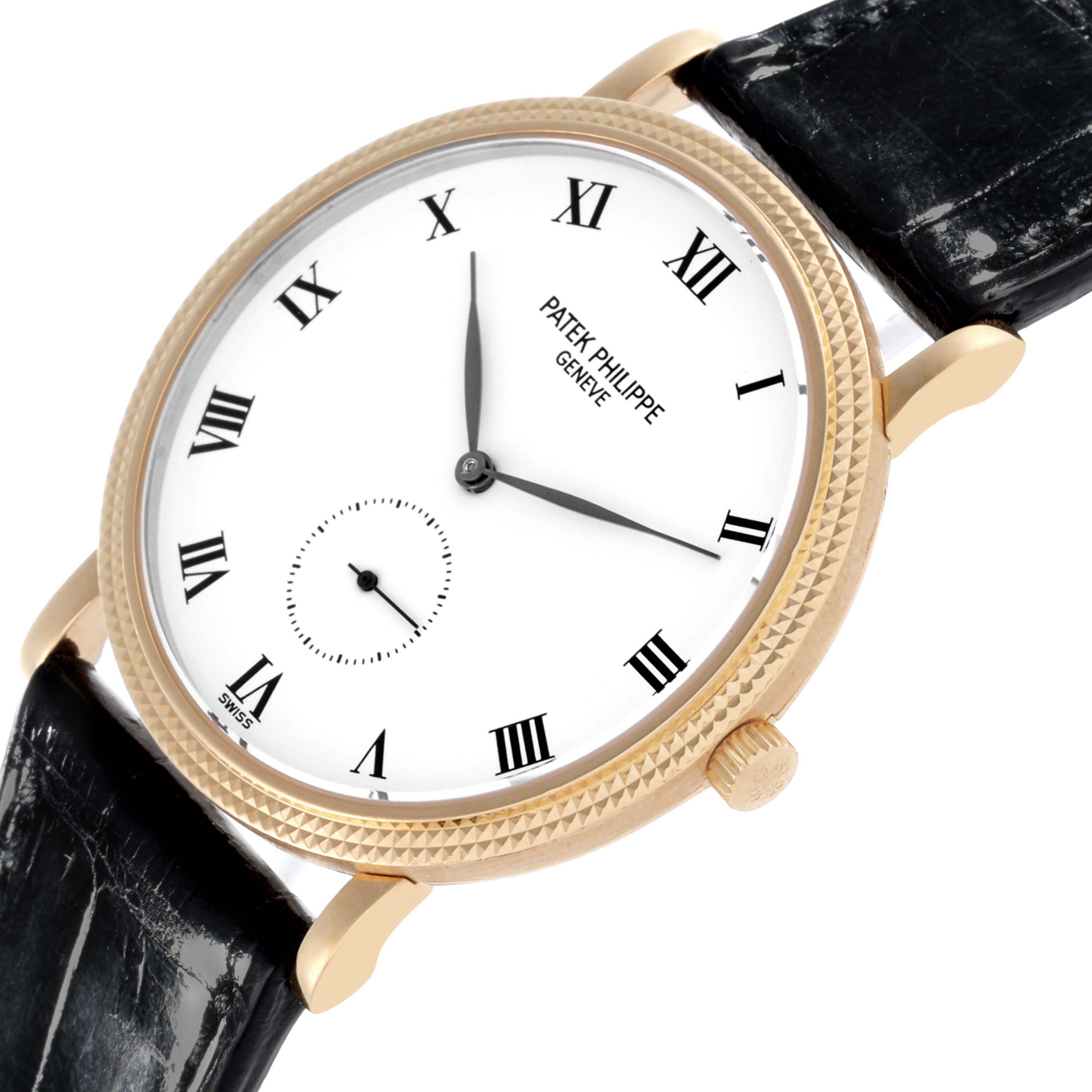 The Patek Philippe Calatrava 3919J Men's Yellow Gold White Dial 3919J Men's Yellow Gold White Dial watch is shown at a slight angle, highlighting the dial, crown, and strap.