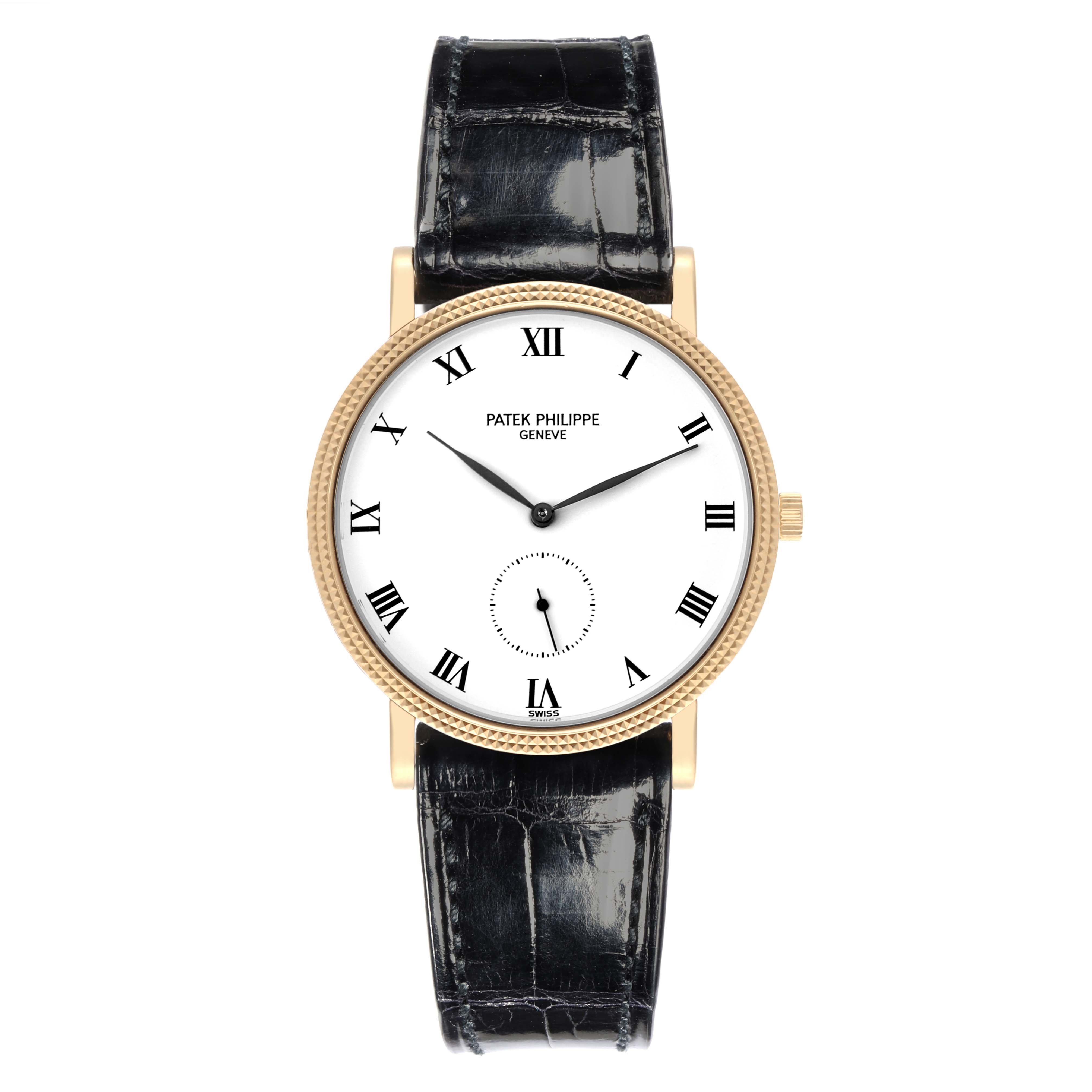 The Patek Philippe Calatrava 3919J Men's Yellow Gold White Dial 3919J Men's Yellow Gold White Dial watch is shown from the front, displaying its face, Roman numerals, and croc-embossed leather strap.