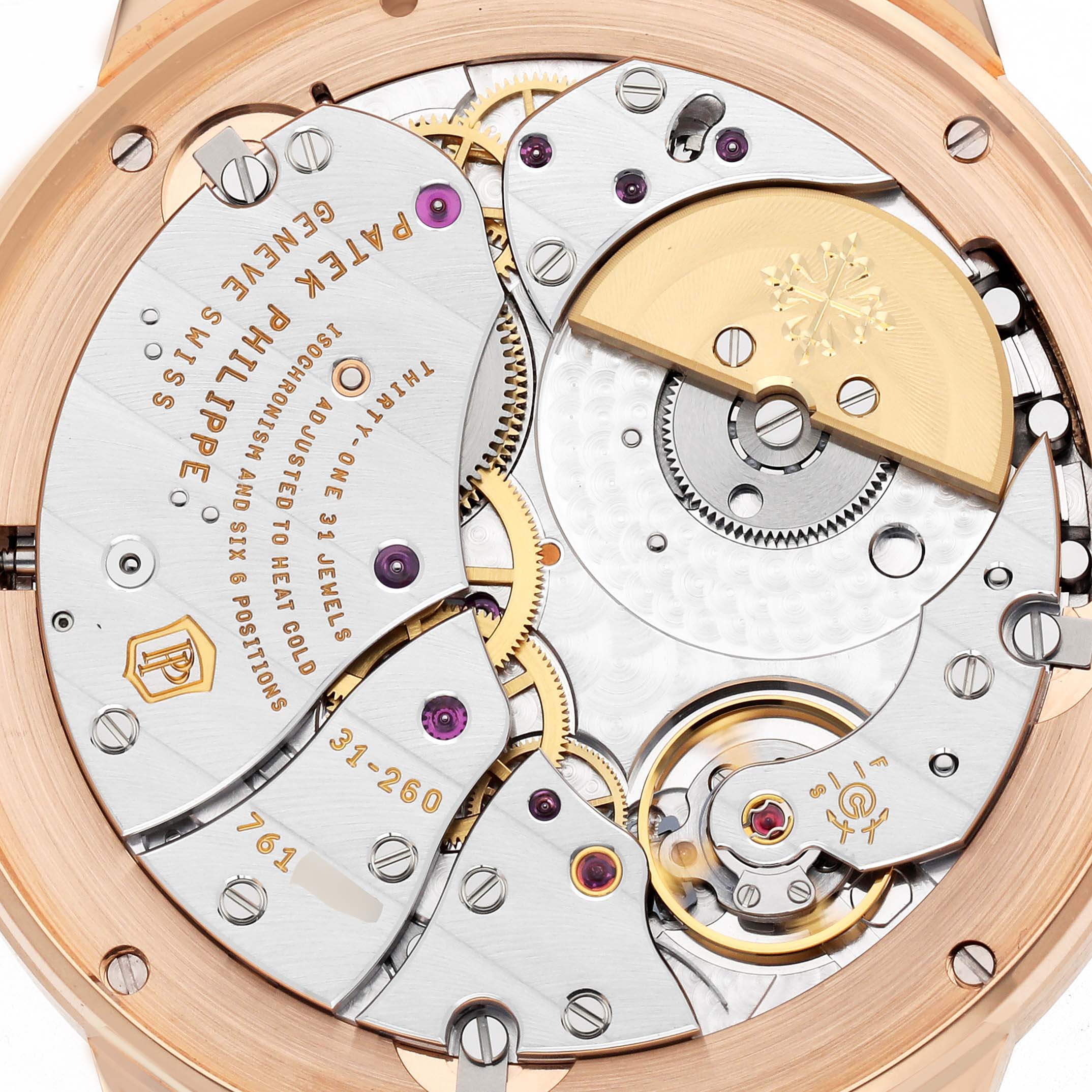 This image shows the intricate movement and inner mechanics of the Patek Philippe Complications 5235/50R-001 Men's Rose Gold Grey Dial watch, viewed from the back.