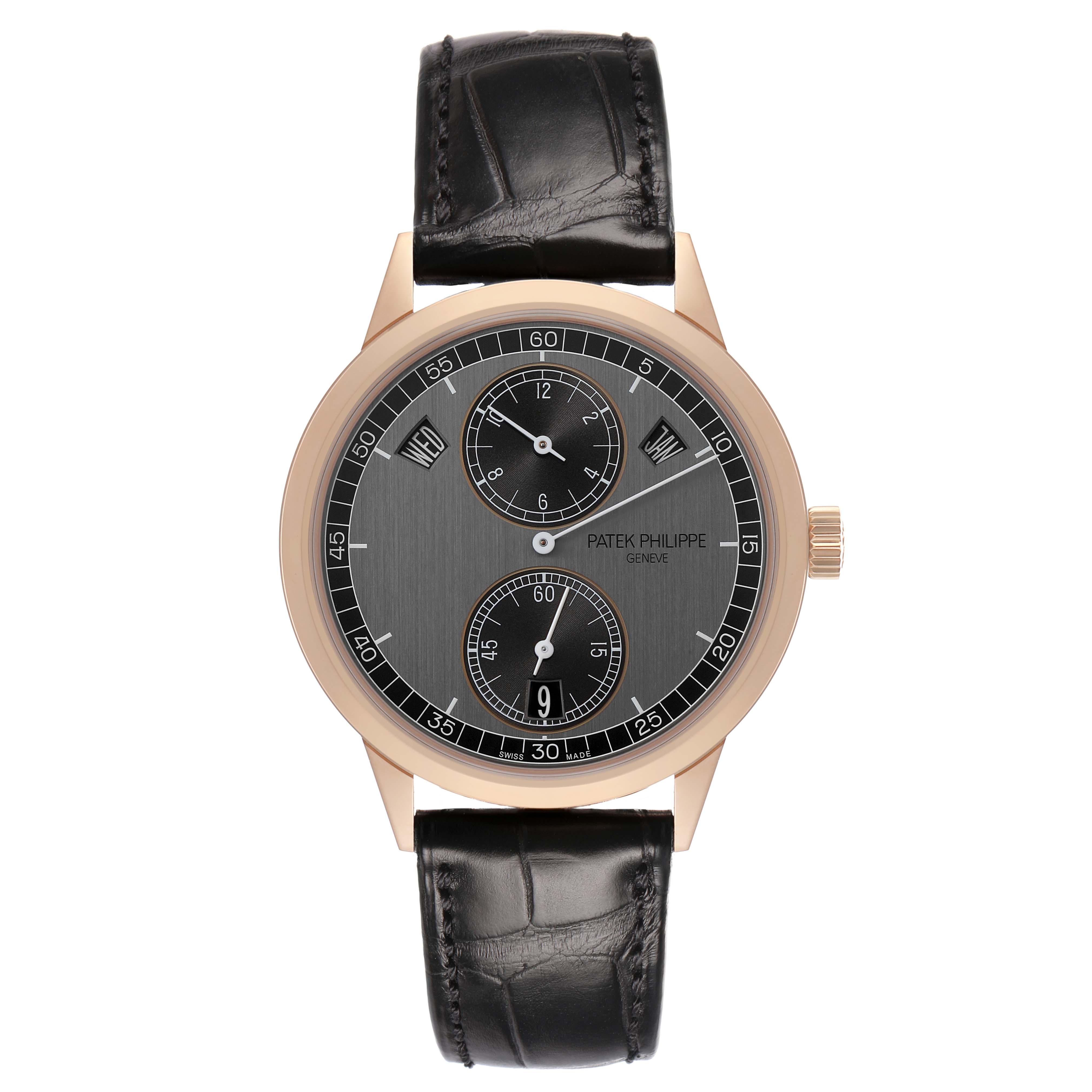 The Patek Philippe Complications 5235/50R-001 Men's Rose Gold Grey Dial watch is shown from the front, highlighting its face, subdials, and leather strap.