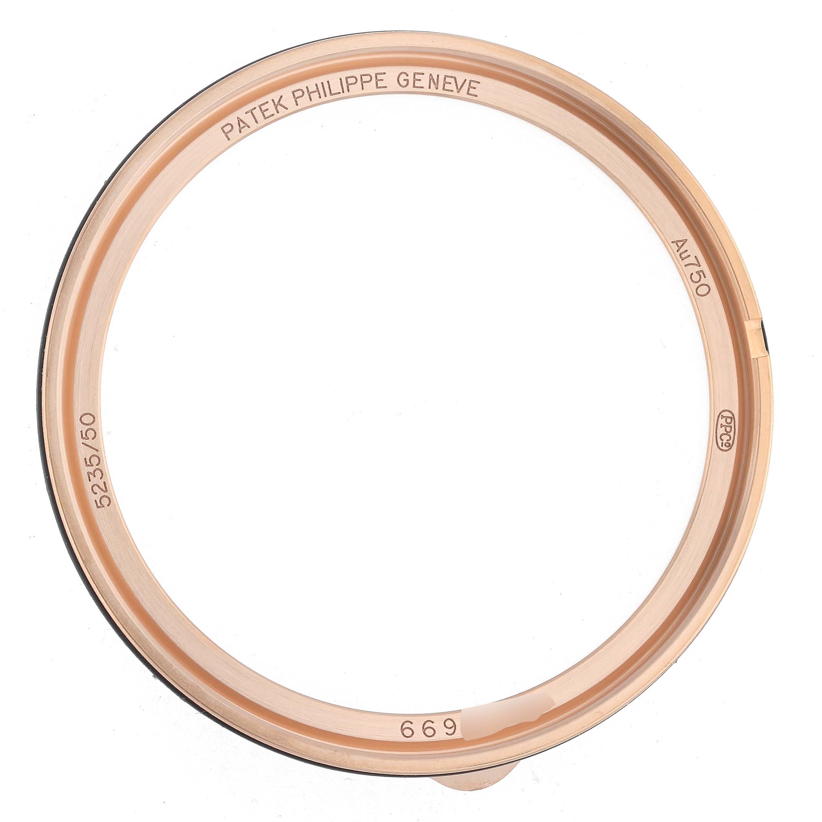 The image shows a bezel for the Patek Philippe Complications 5235/50R-001 Men's Rose Gold Grey Dial model, viewed directly from above.