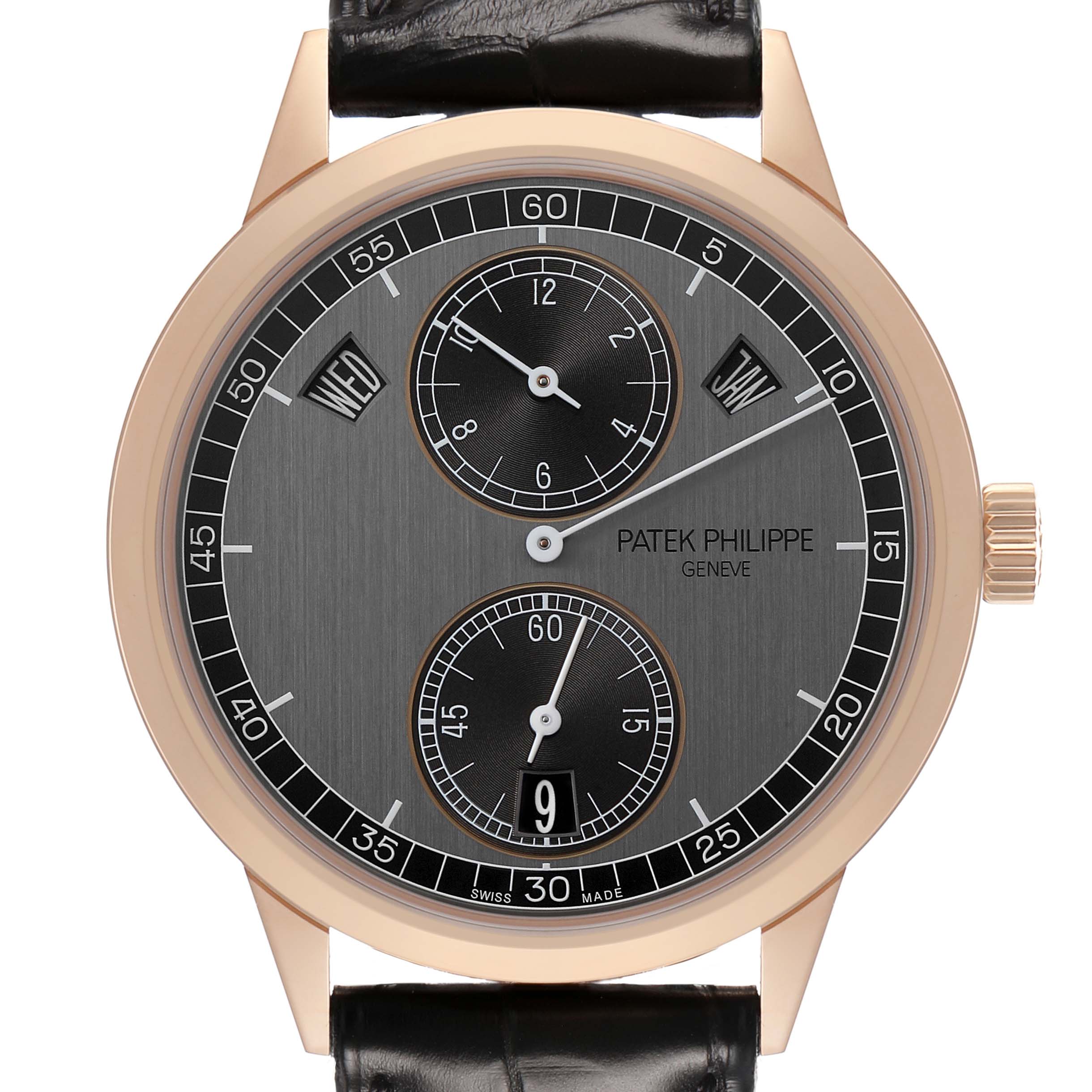 The Patek Philippe Complications 5235/50R-001 Men's Rose Gold Grey Dial watch is shown from a top view, highlighting the dial, sub-dials, and crown.