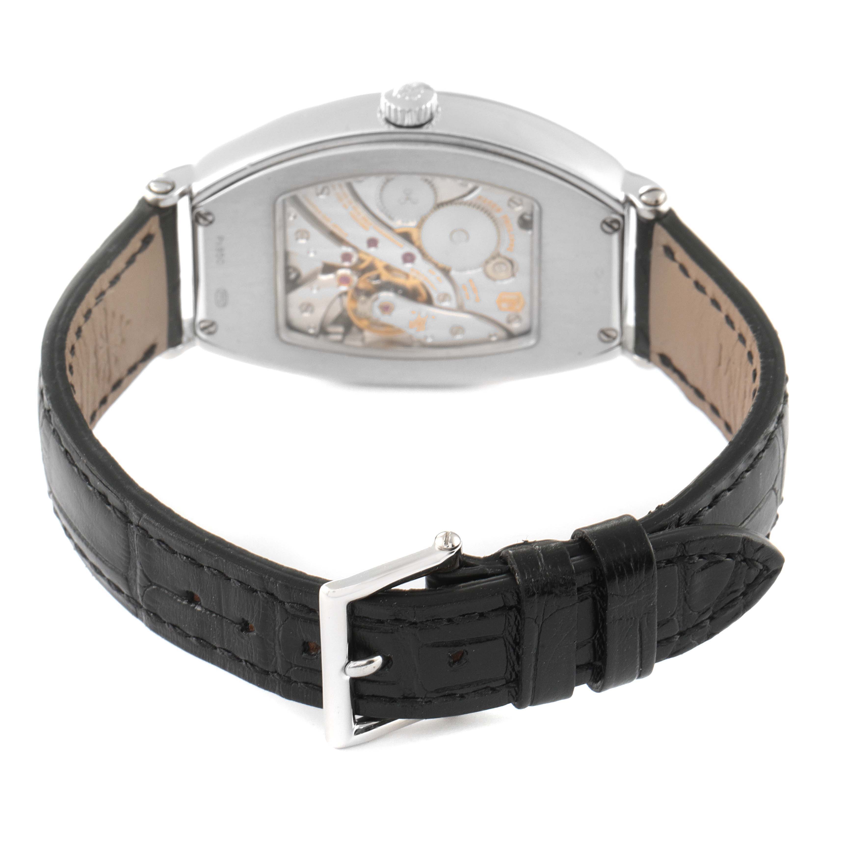 The image shows the back view of a Patek Philippe Gondolo 5098P Men's Platinum Silver Dial 5098P Men's Platinum Silver Dial watch, highlighting the movement and black leather strap.