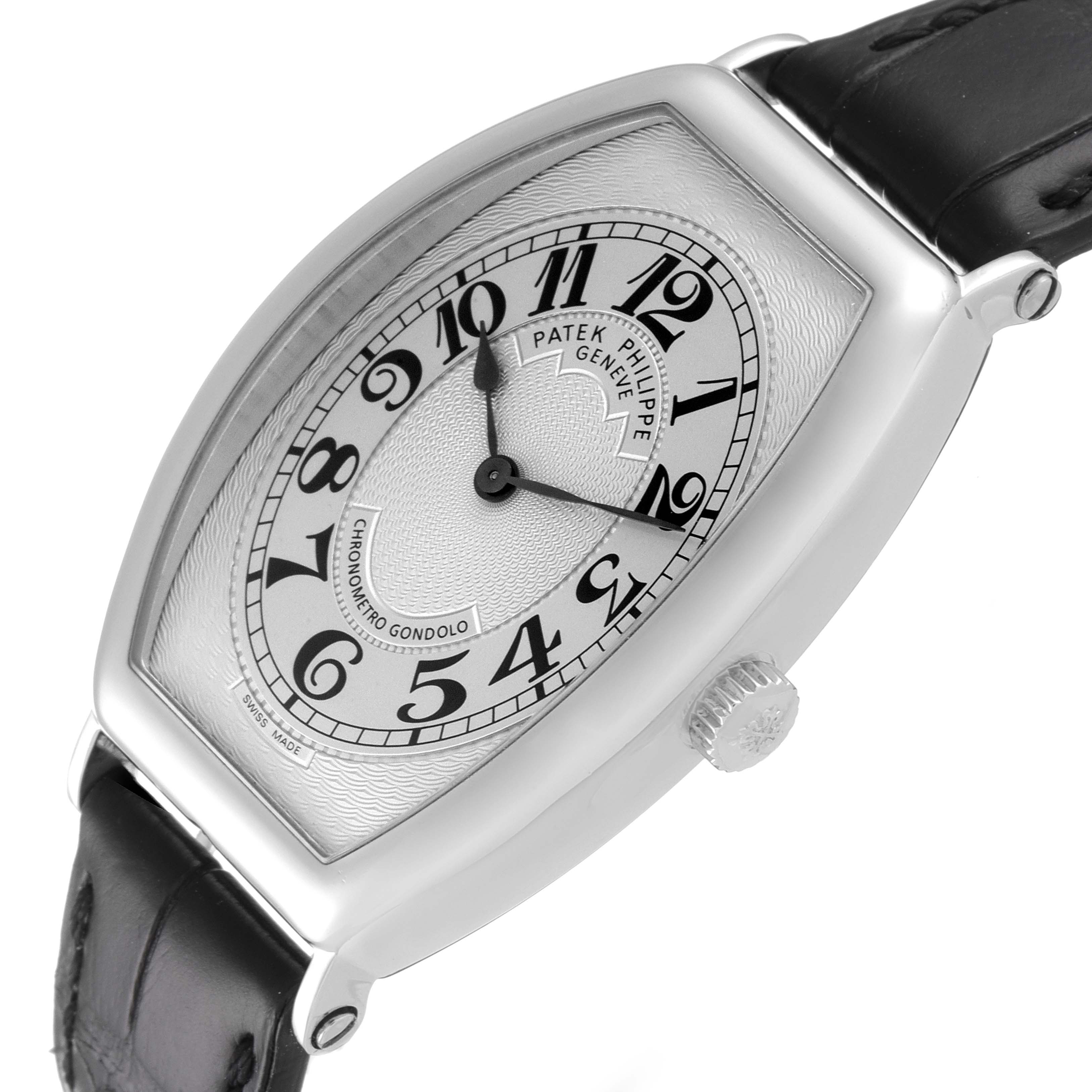 The Patek Philippe Gondolo 5098P Men's Platinum Silver Dial 5098P Men's Platinum Silver Dial watch is shown at a slight angle, highlighting the dial, crown, leather strap, and case.