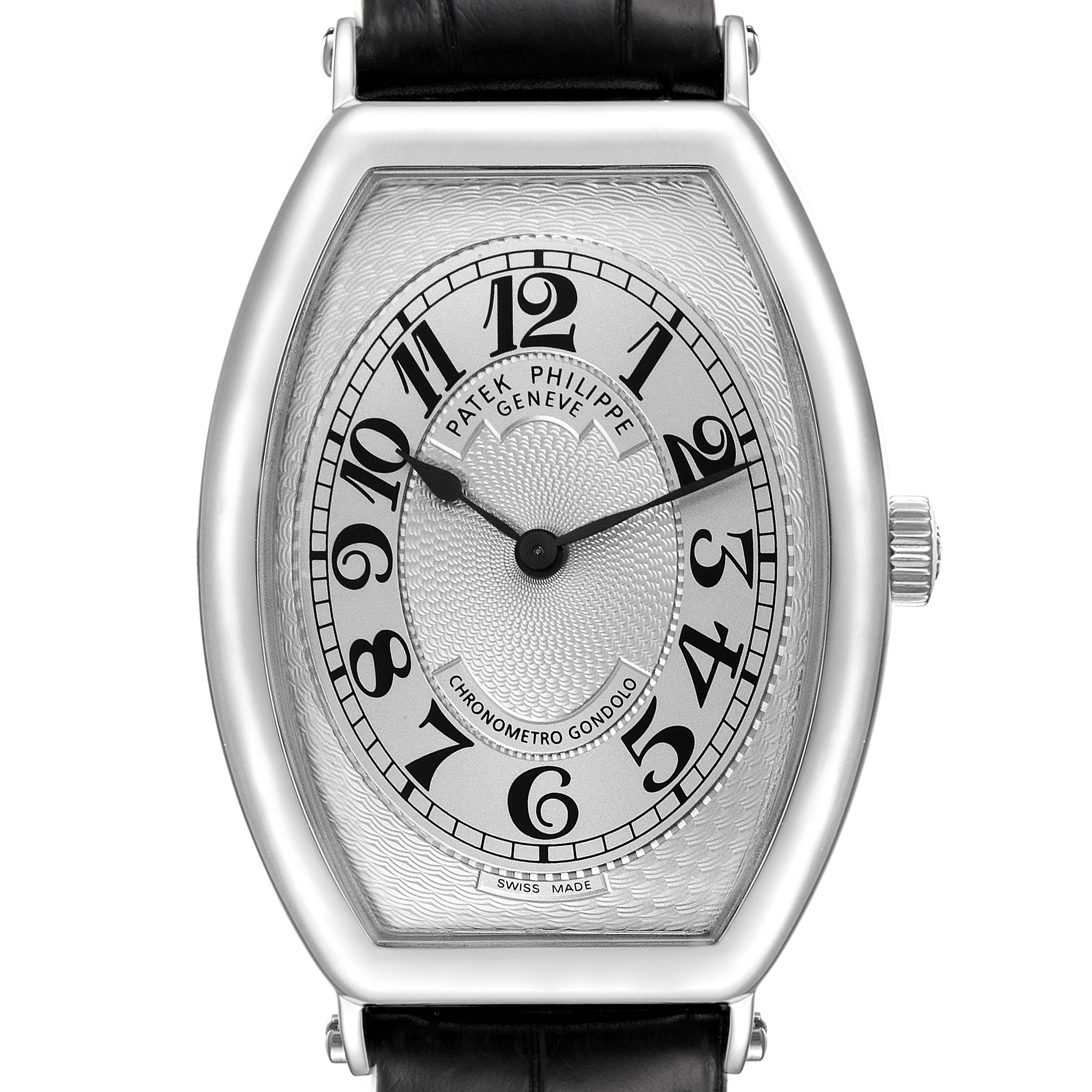 The image shows a front view of the Patek Philippe Gondolo 5098P Men's Platinum Silver Dial 5098P Men's Platinum Silver Dial watch, including the dial, case, and part of the strap.