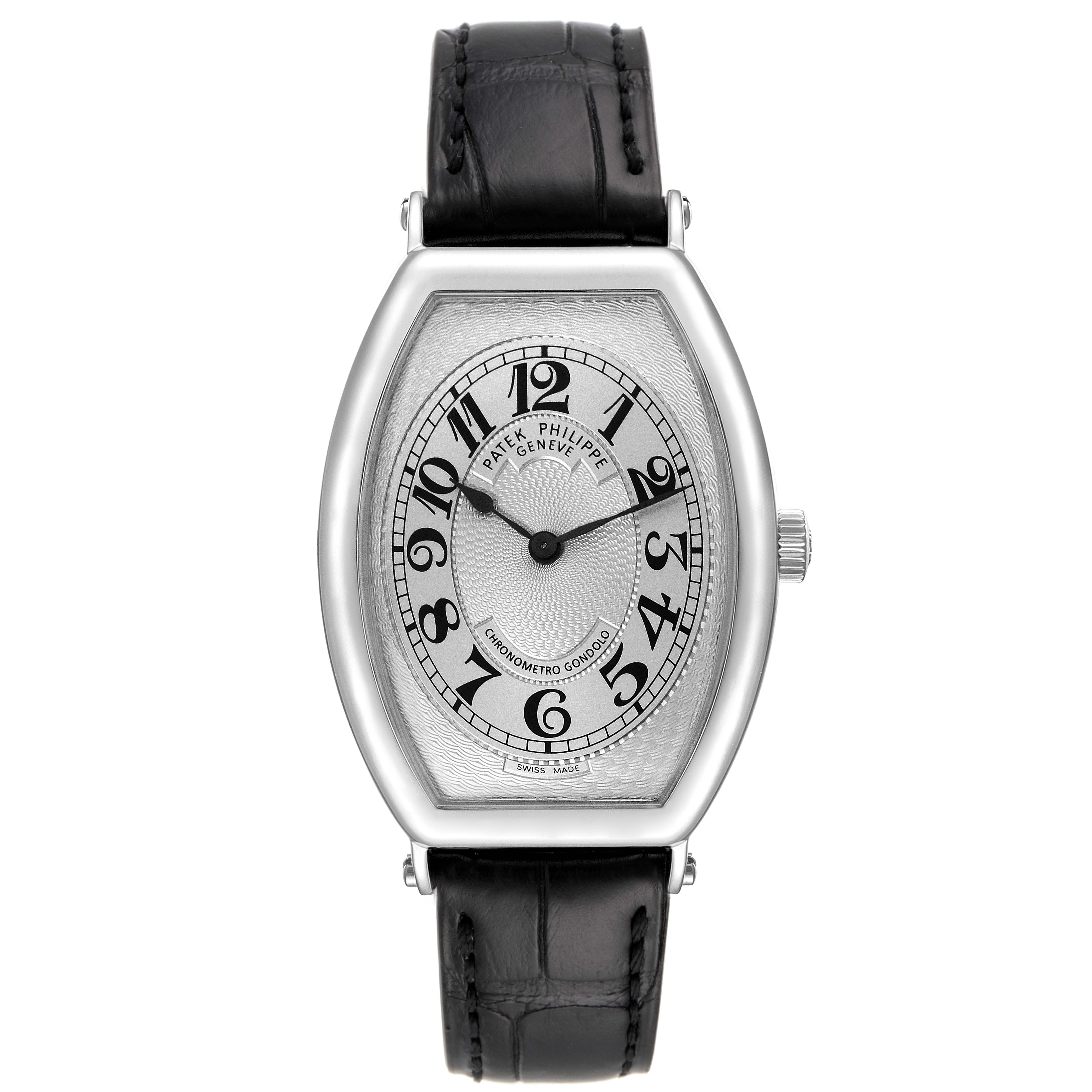 The image shows a frontal view of the Patek Philippe Gondolo 5098P Men's Platinum Silver Dial 5098P Men's Platinum Silver Dial watch, highlighting its dial, case, and leather strap.