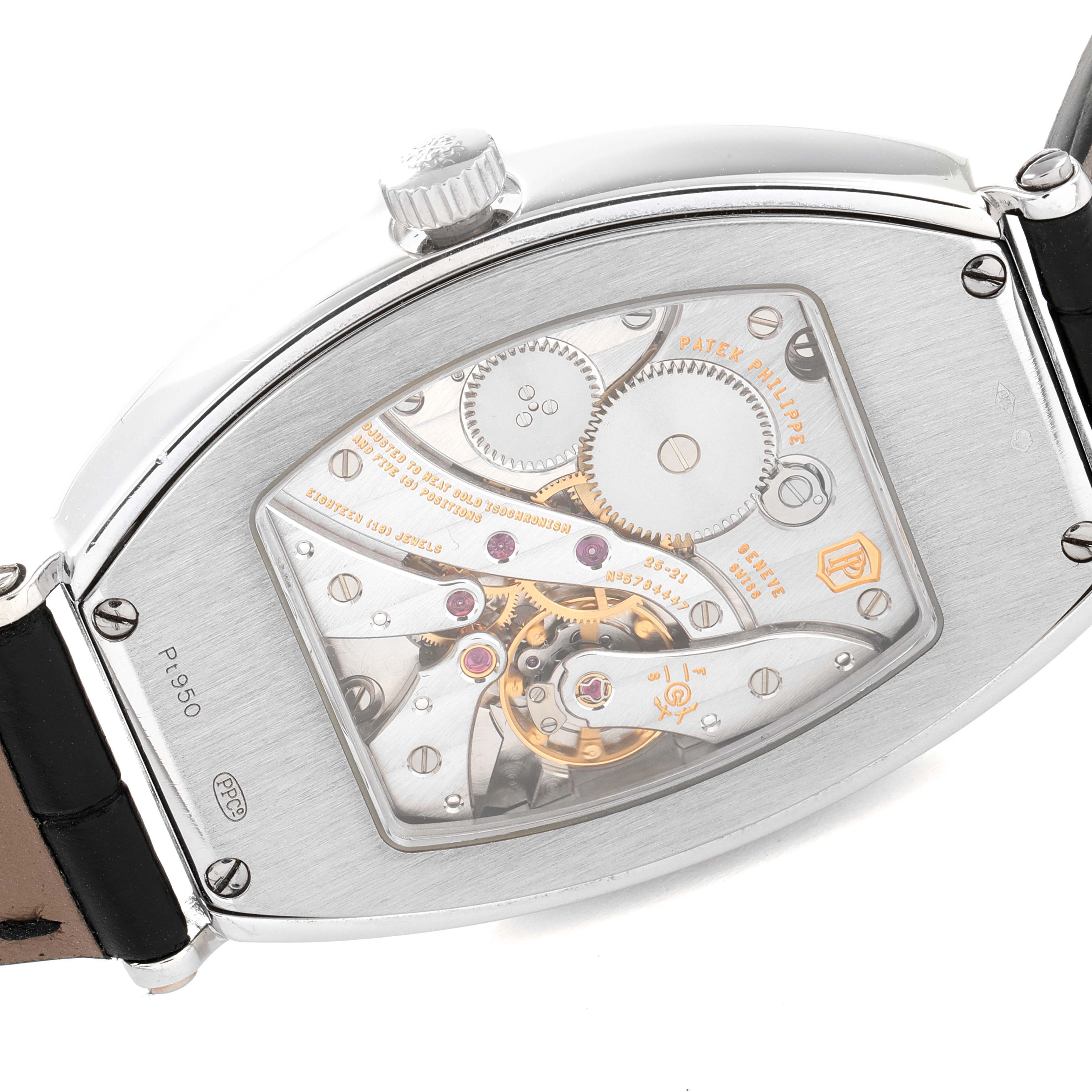 The image shows the back view of the Patek Philippe Gondolo 5098P Men's Platinum Silver Dial 5098P Men's Platinum Silver Dial watch, highlighting its intricate movement and inner mechanisms.