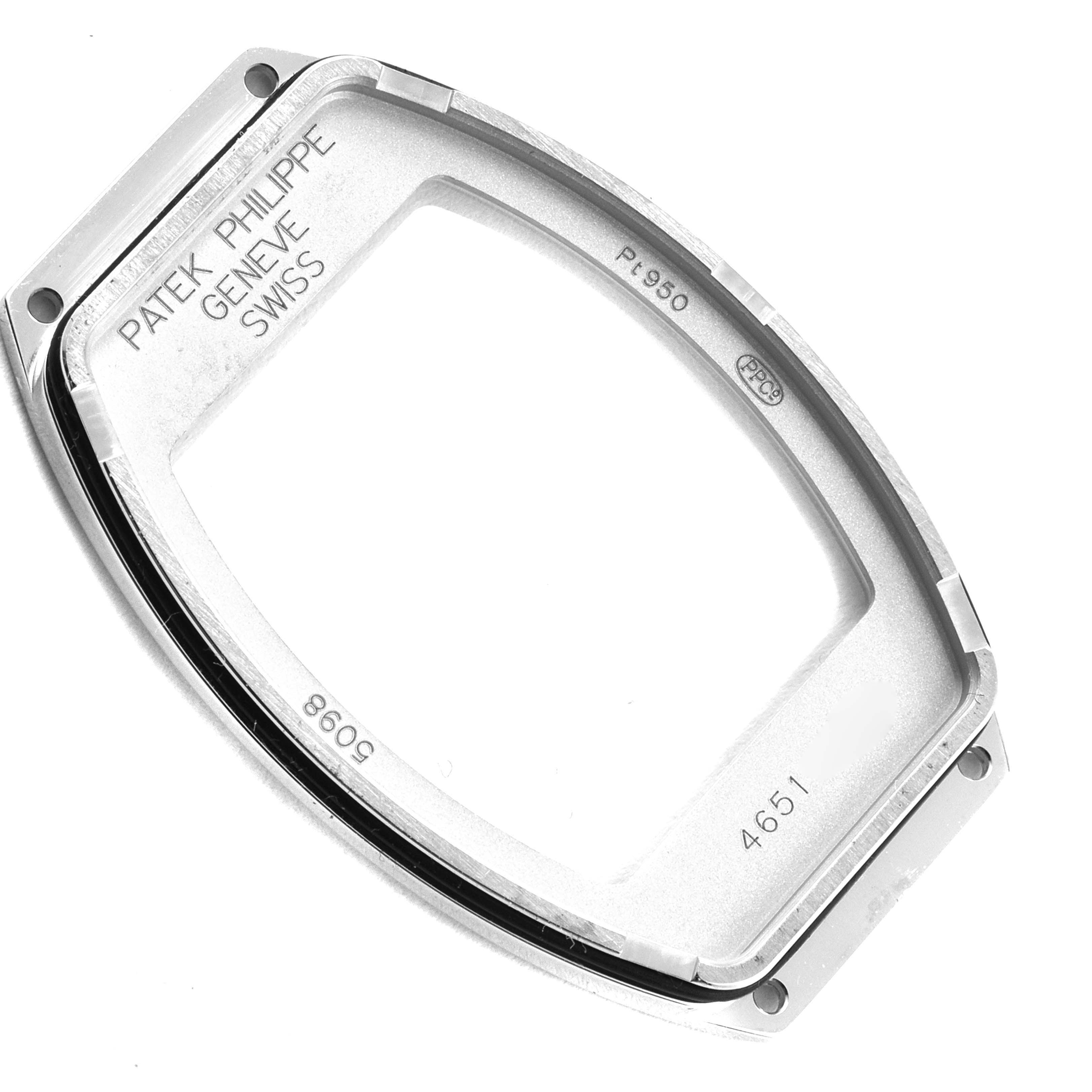 This image shows the case bezel of the Patek Philippe Gondolo 5098P Men's Platinum Silver Dial 5098P Men's Platinum Silver Dial watch model, viewed from the front and slightly angled.