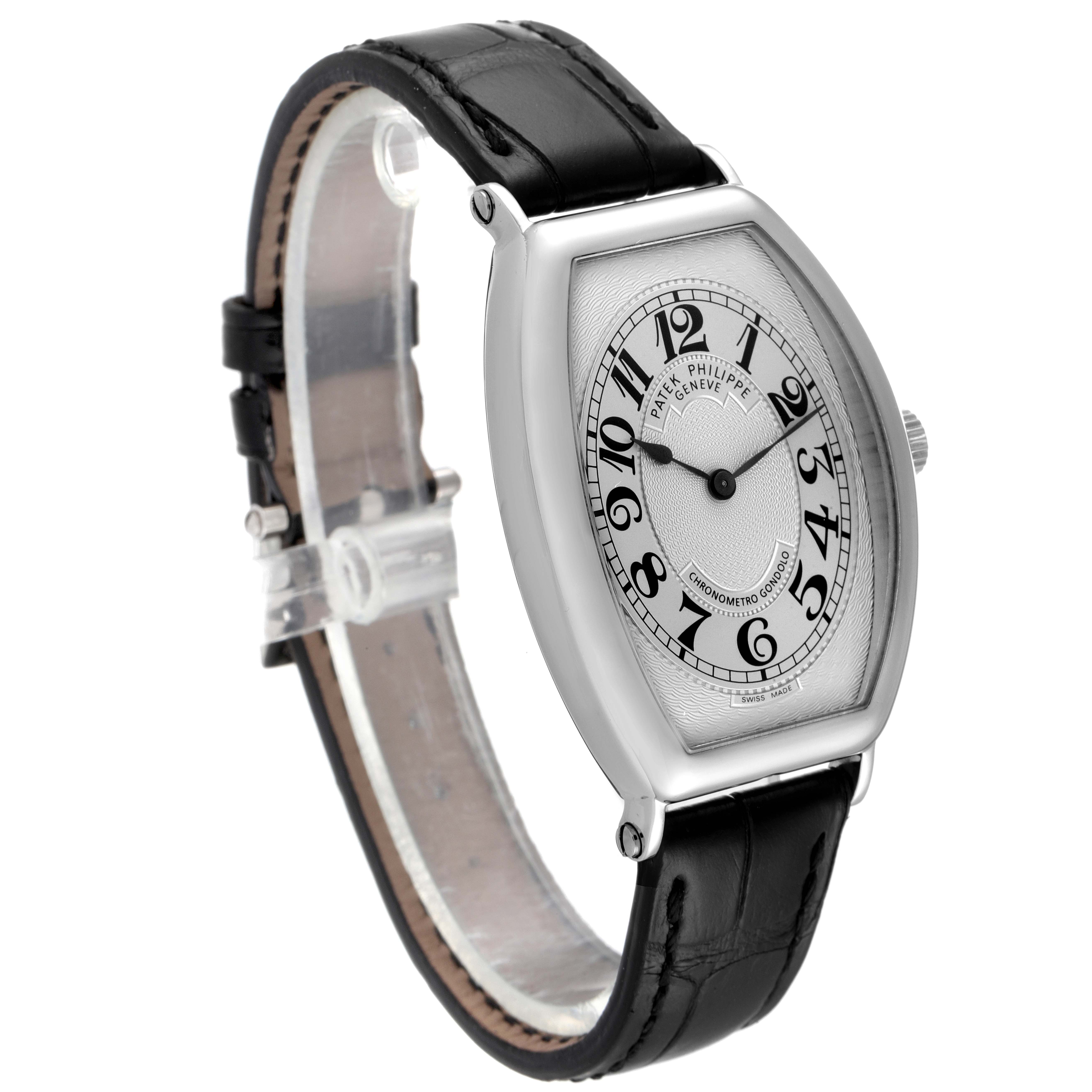 The image shows a Patek Philippe Gondolo 5098P Men's Platinum Silver Dial 5098P Men's Platinum Silver Dial watch at a slight three-quarter angle, highlighting the face, case, and leather strap.