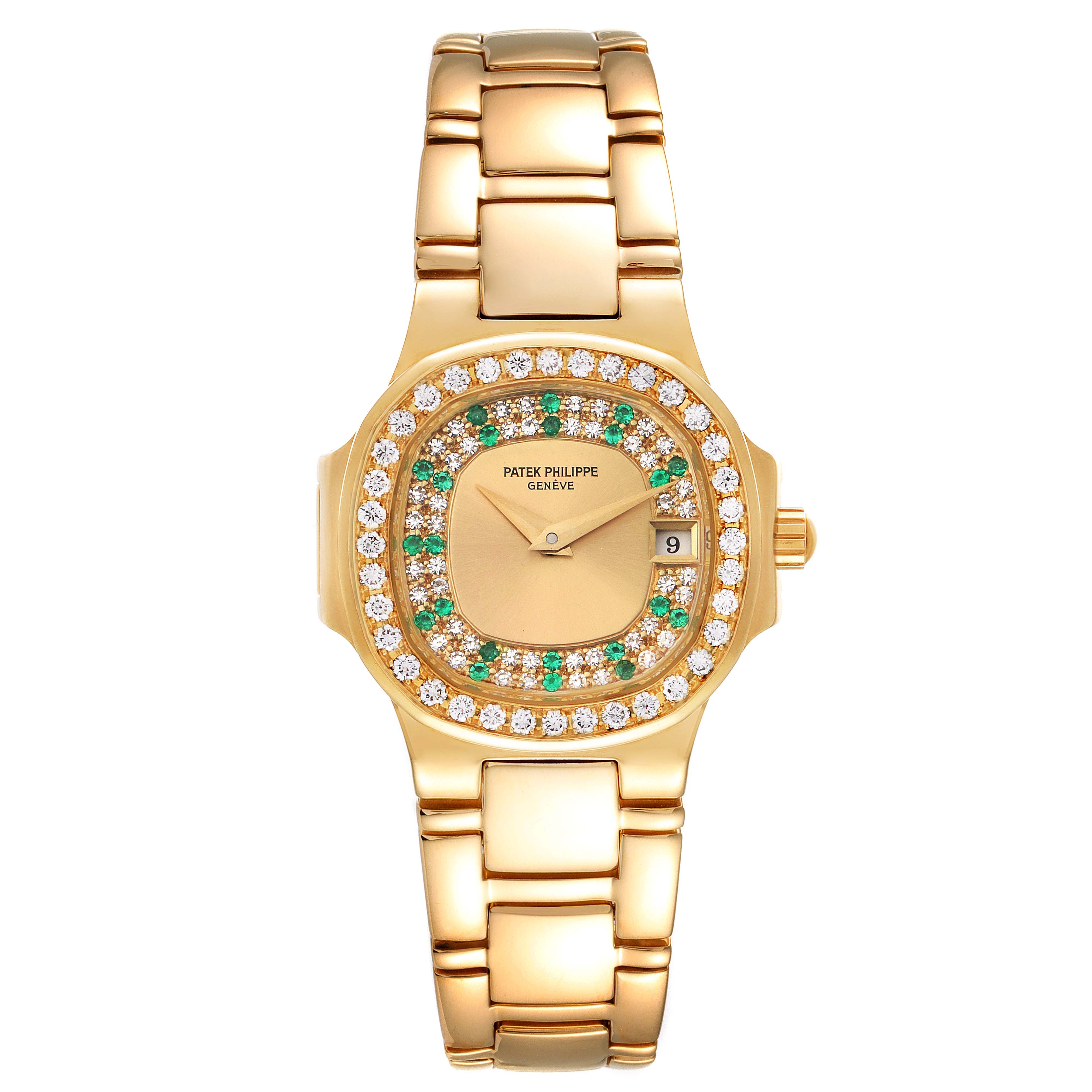 This image shows a frontal view of a Patek Philippe Nautilus 4700/153 Women's Yellow Gold Champagne Dial 4700/153 Women's Yellow Gold Champagne Dial watch, highlighting its gold case and bracelet, diamond and emerald bezel, and date window.