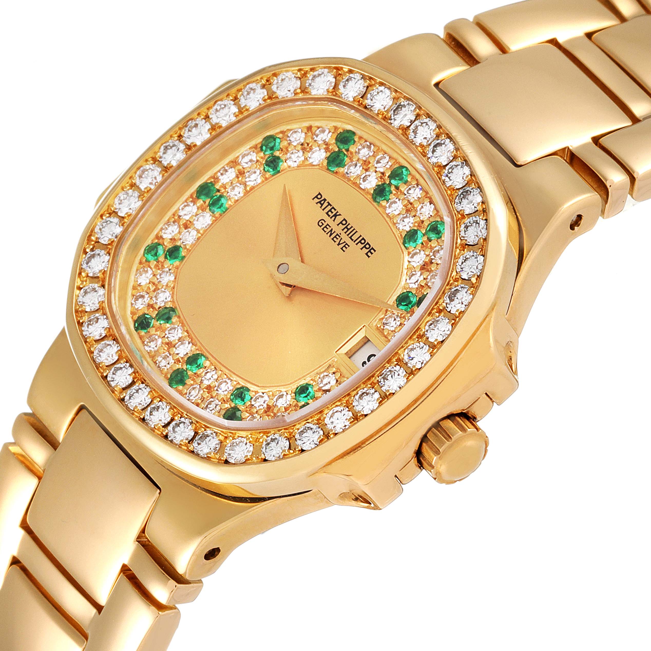 The image shows a close-up of the Patek Philippe Nautilus 4700/153 Women's Yellow Gold Champagne Dial 4700/153 Women's Yellow Gold Champagne Dial watch, highlighting the dial, bezel, and part of the bracelet.