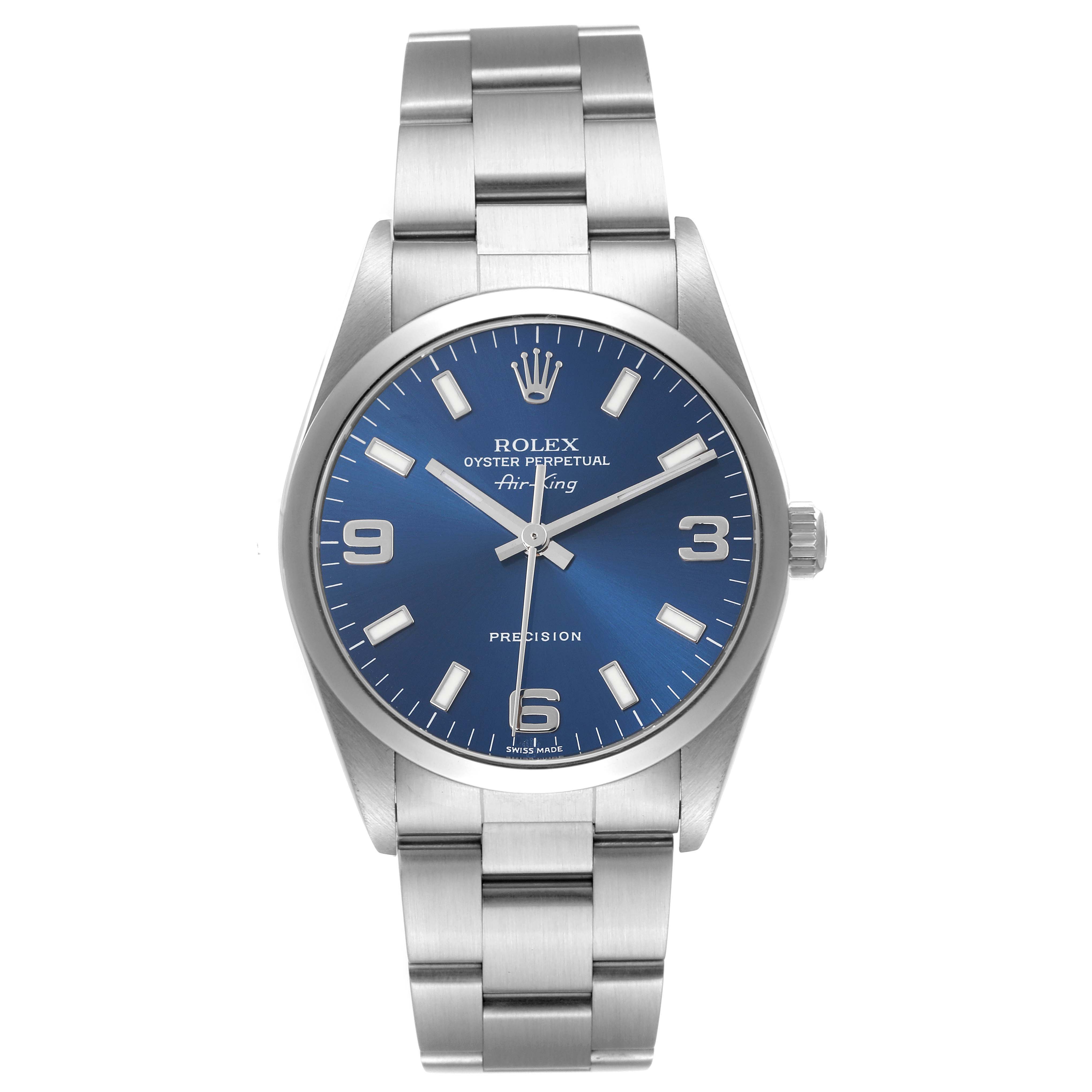 The Rolex Air-King 14000M Men's Stainless Steel Blue Dial 14000M Men's Stainless Steel Blue Dial watch is shown from the front, displaying the dial, case, and bracelet.