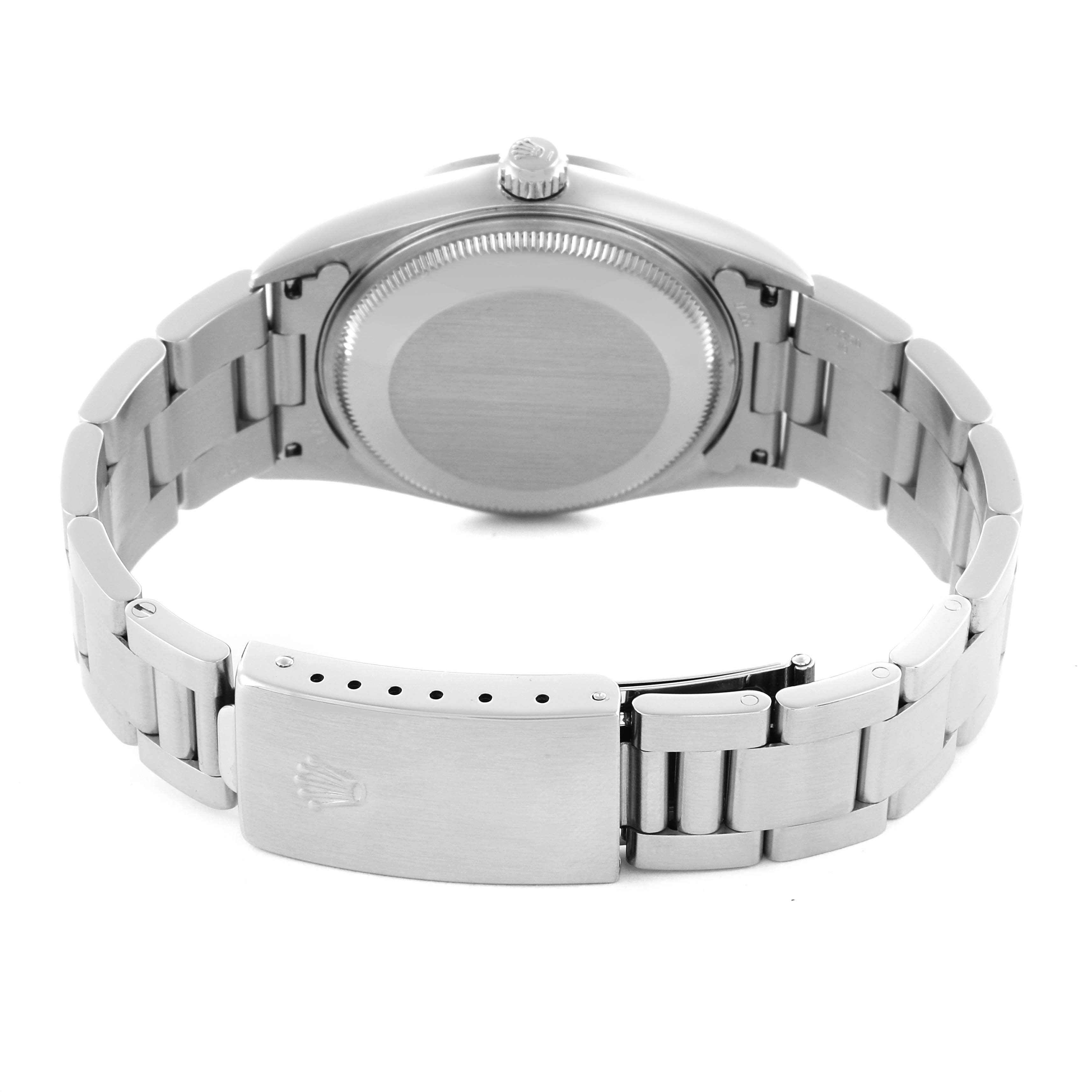 The Rolex Air-King 14000M Men's Stainless Steel Blue Dial 14000M Men's Stainless Steel Blue Dial watch is shown from the back, highlighting the case back and bracelet clasp.