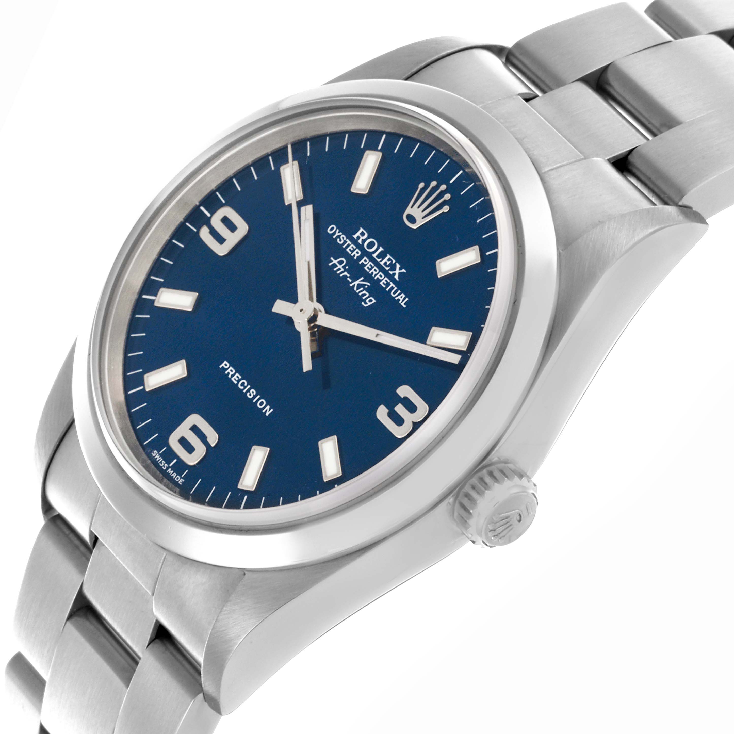 The image shows a side angle of the Rolex Air-King 14000M Men's Stainless Steel Blue Dial 14000M Men's Stainless Steel Blue Dial, highlighting the watch face, bezel, and bracelet.