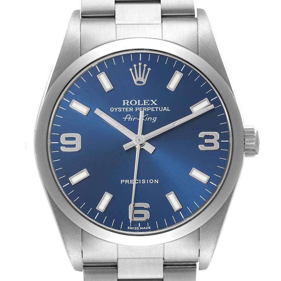 The Rolex Air-King watch is shown from the front, displaying the blue dial, crown, and stainless steel bracelet.