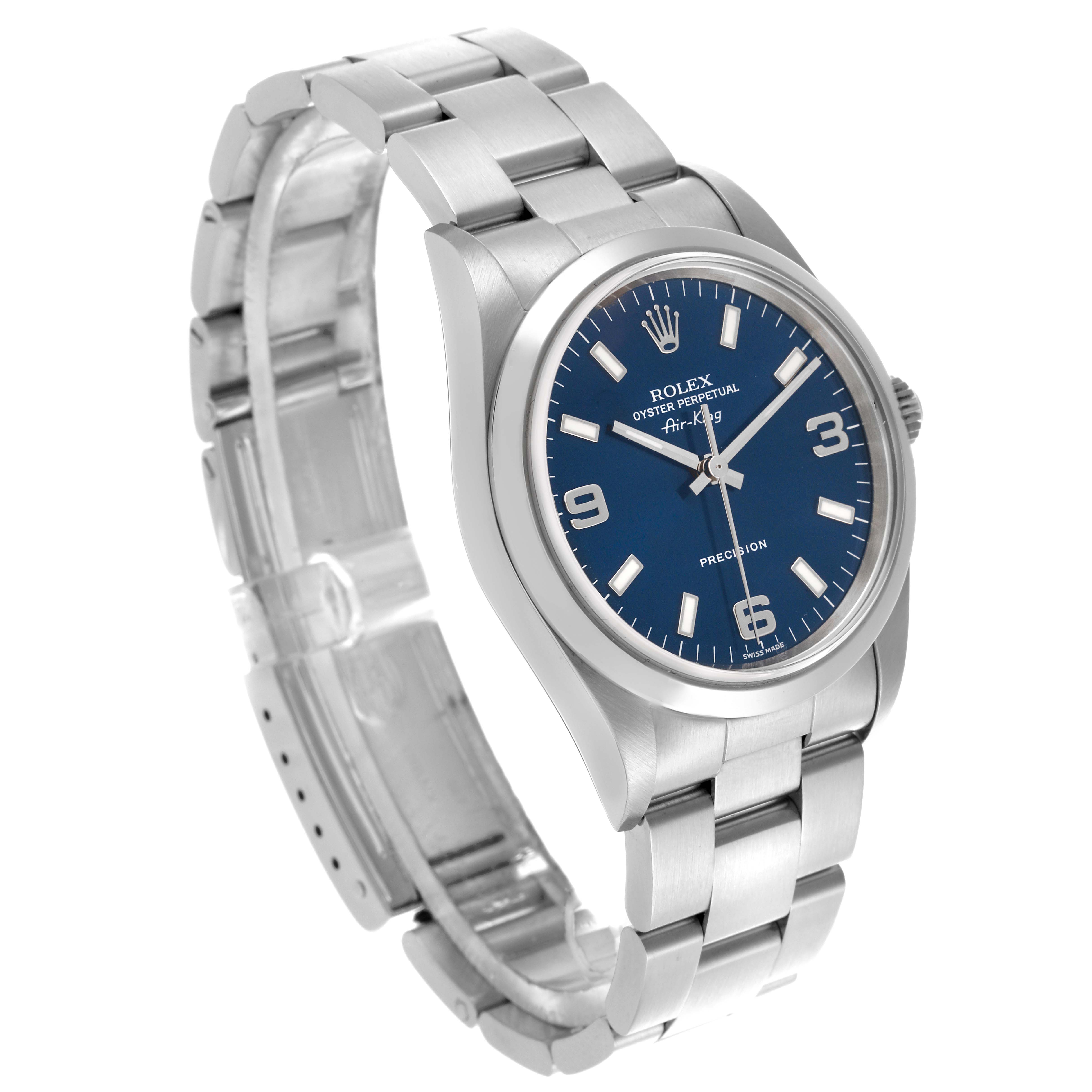 The Rolex Air-King 14000M Men's Stainless Steel Blue Dial 14000M Men's Stainless Steel Blue Dial watch is shown at a three-quarter angle, displaying the face, bracelet, and bezel.