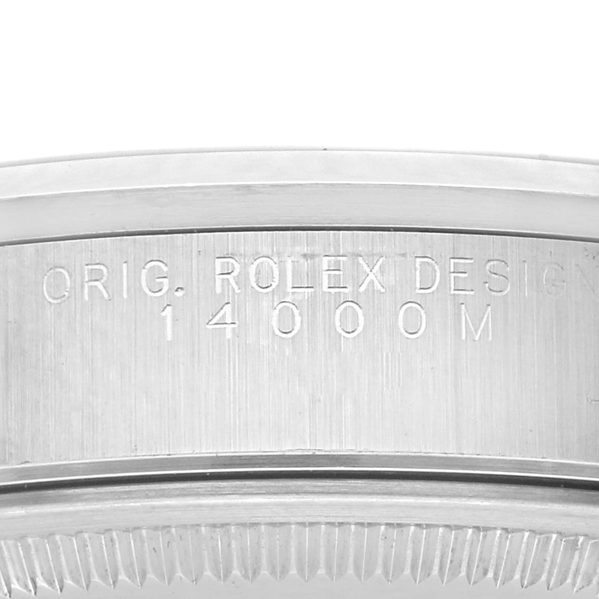 The image shows a close-up of the case side and bezel edge, revealing the engraving “ORIG. ROLEX DESIGN 14000M” on the Rolex Air-King 14000M Men's Stainless Steel Blue Dial 14000M Men's Stainless Steel Blue Dial.