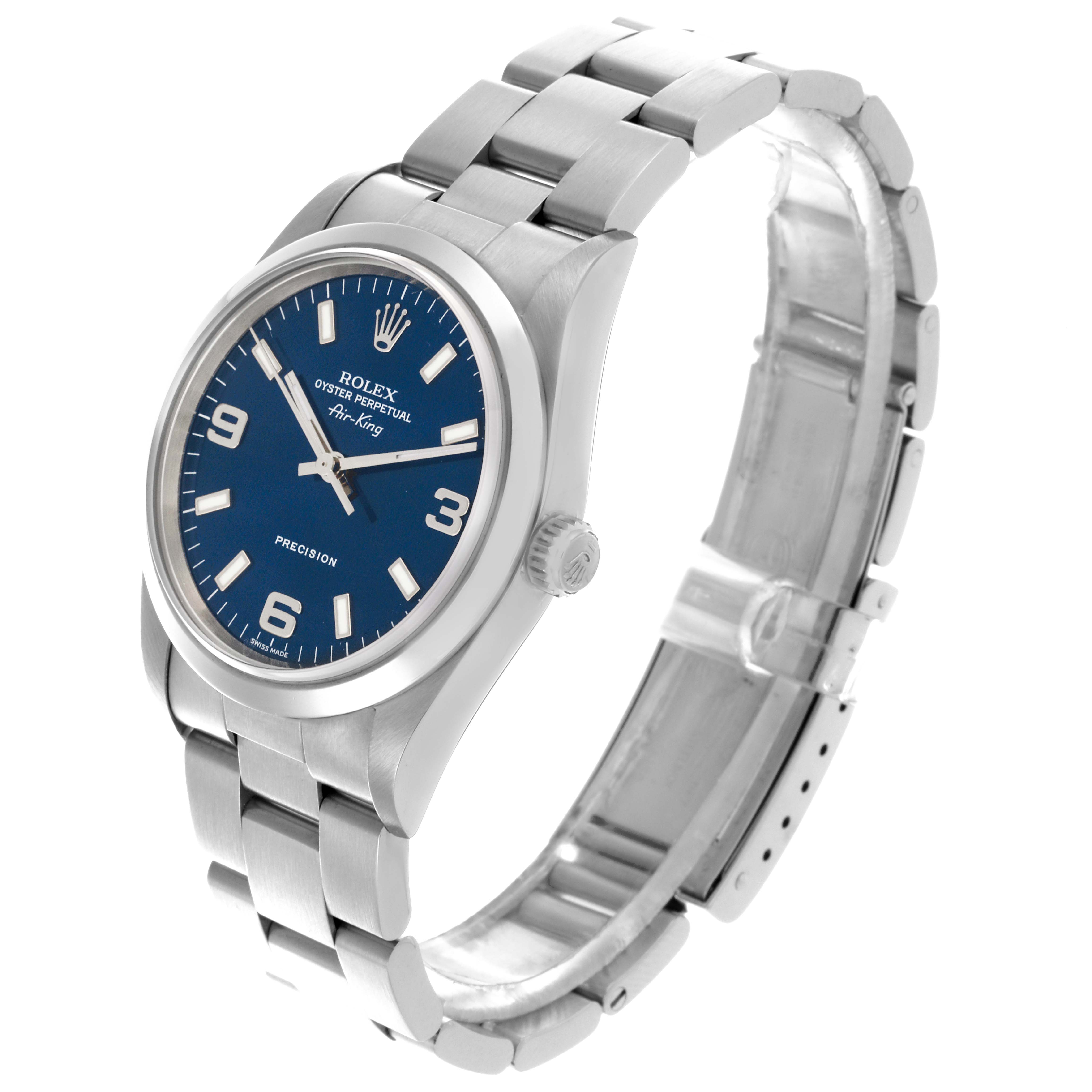 The image shows a Rolex Air-King 14000M Men's Stainless Steel Blue Dial 14000M Men's Stainless Steel Blue Dial watch at an angle that highlights the face, case, and bracelet.