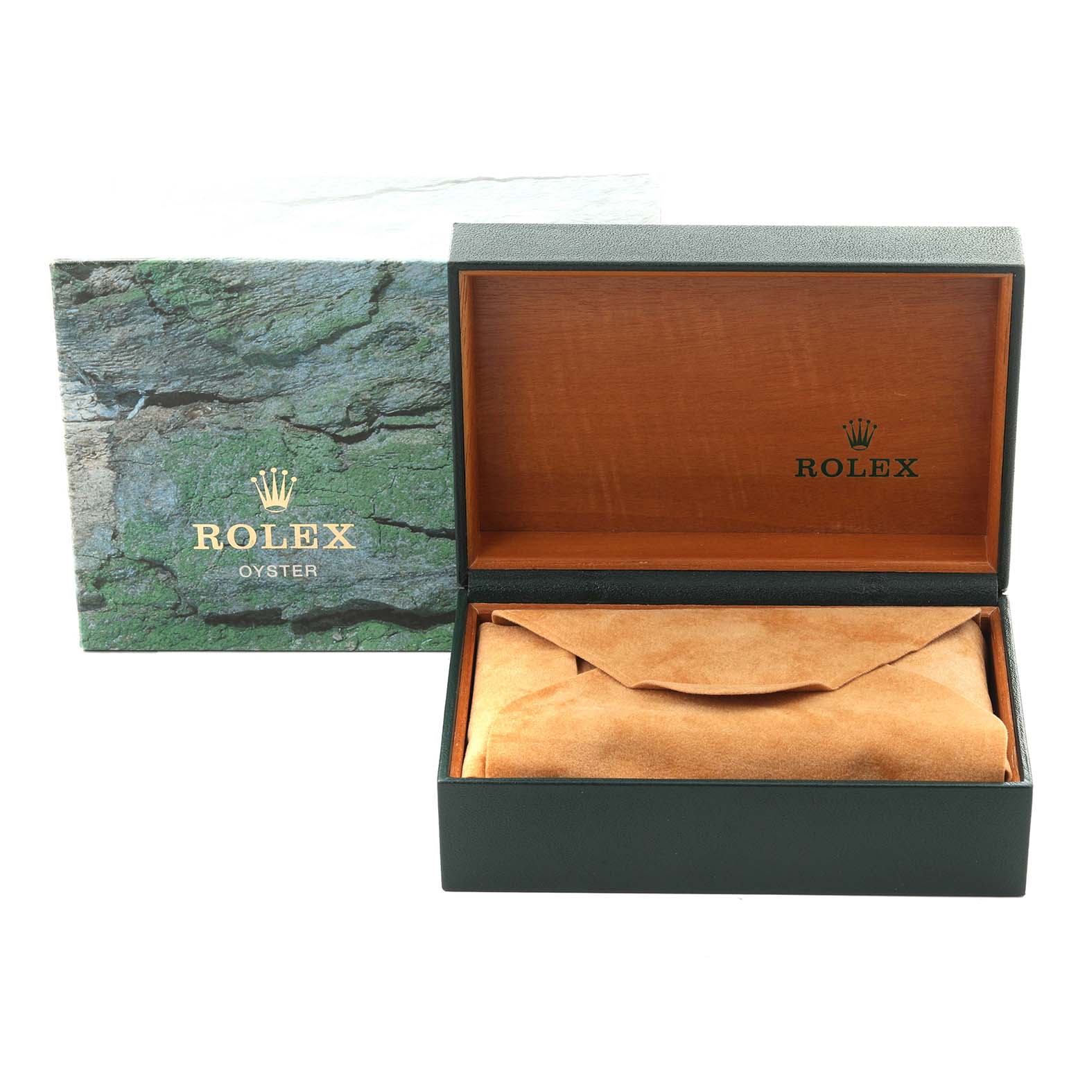 The image shows a Rolex Air-King 14000M Men's Stainless Steel Blue Dial 14000M Men's Stainless Steel Blue Dial box and cover, with the box open revealing a suede-covered interior.