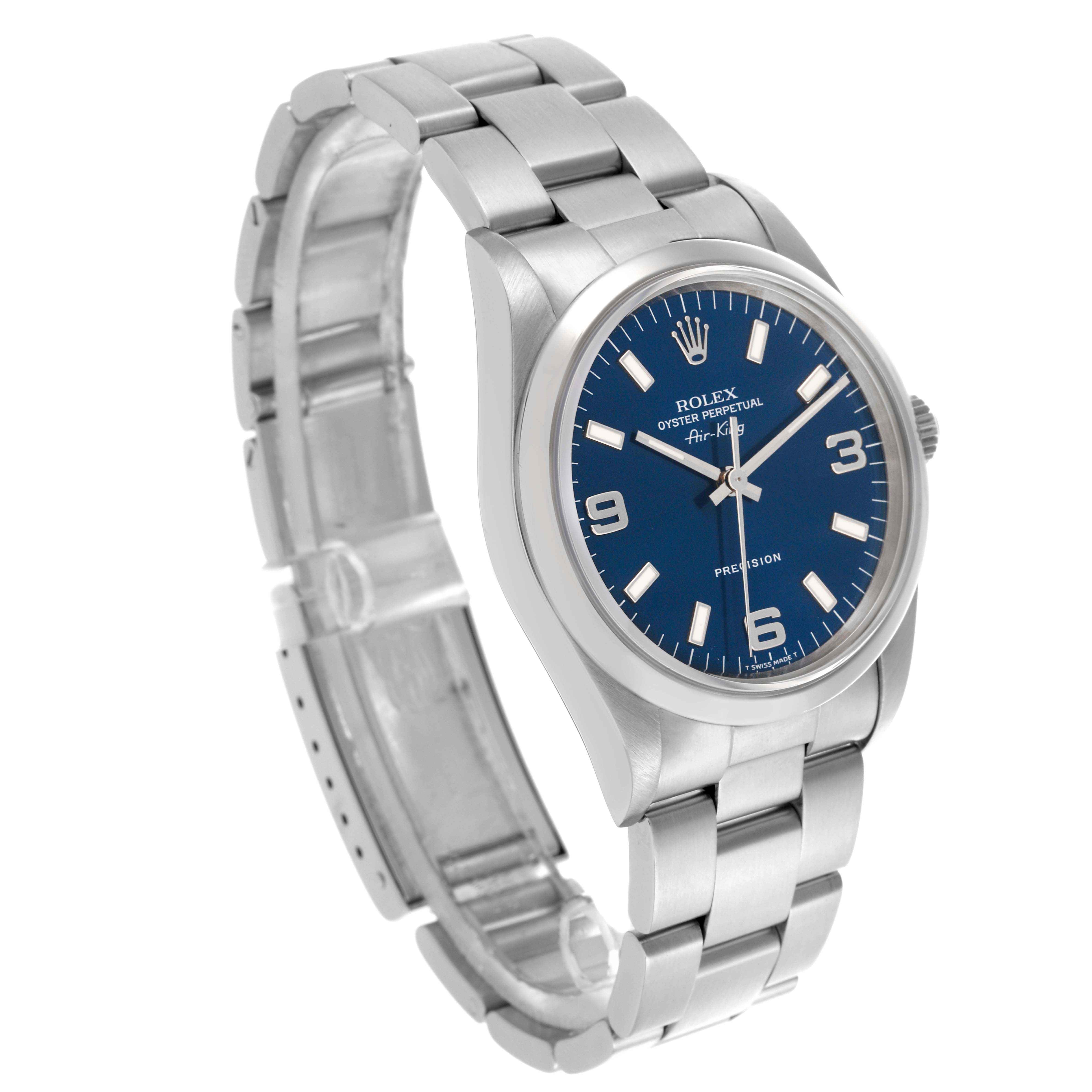 The Rolex Air-King 14000 Men's Stainless Steel Blue Dial 14000 Men's Stainless Steel Blue Dial watch is shown at a slight angle, highlighting the face, bezel, and bracelet.