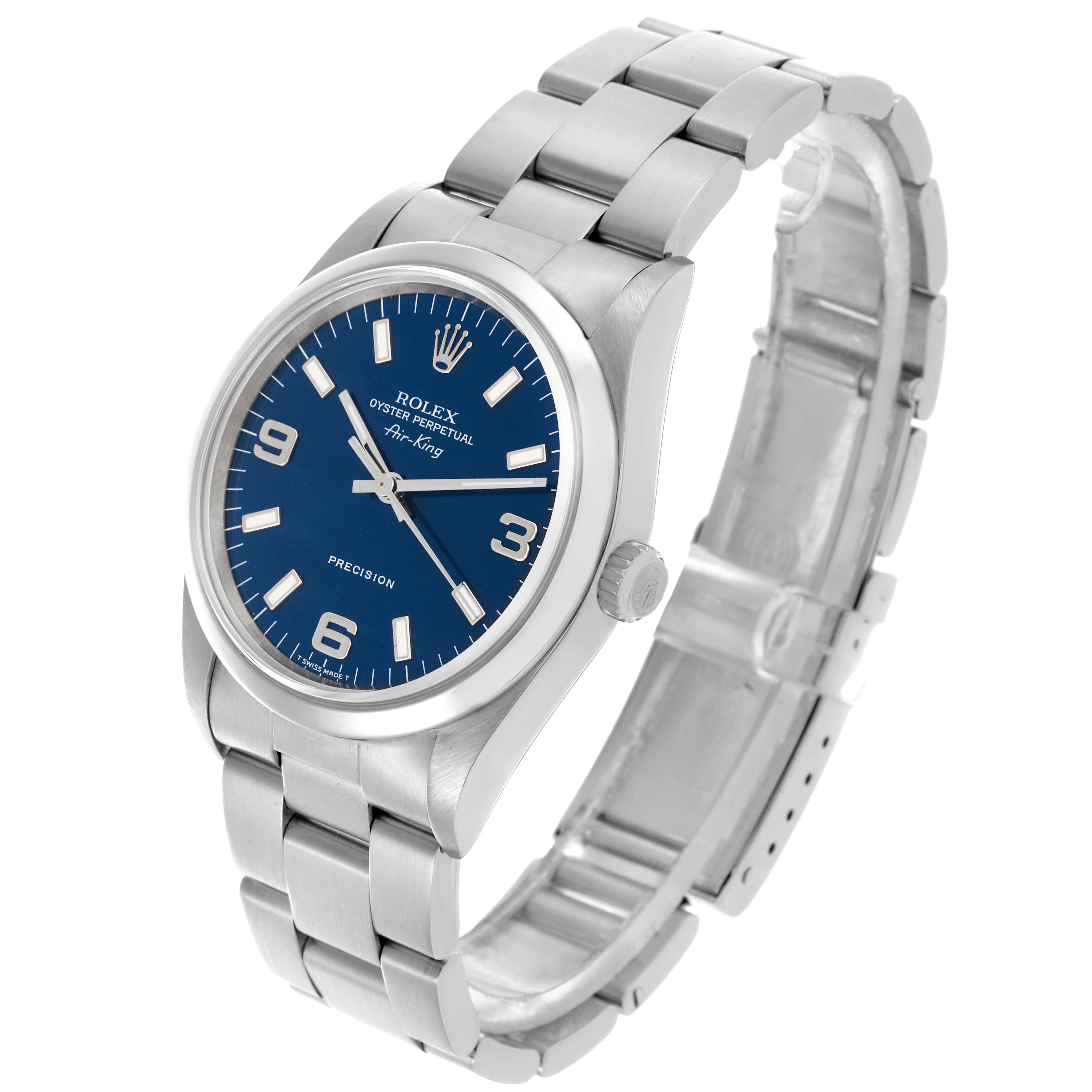 The Rolex Air-King 14000 Men's Stainless Steel Blue Dial 14000 Men's Stainless Steel Blue Dial watch is shown at a side angle, displaying its face, crown, and bracelet.