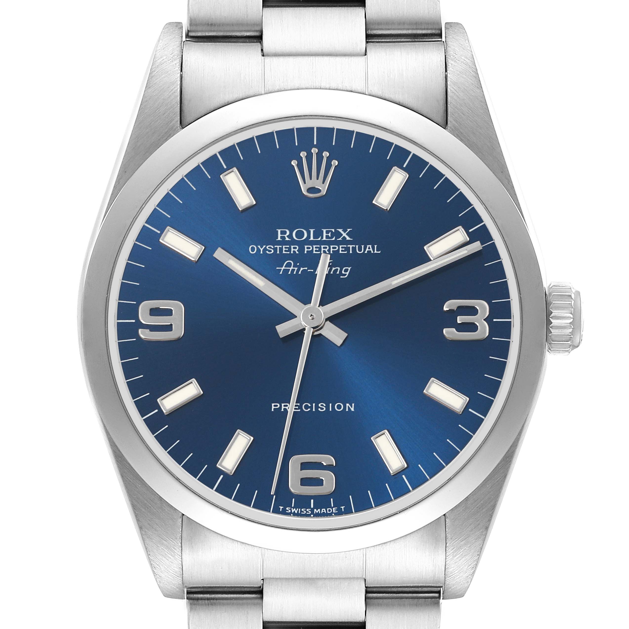 The Rolex Air-King 14000 Men's Stainless Steel Blue Dial 14000 Men's Stainless Steel Blue Dial watch is shown from a top view, displaying the dial, case, and part of the bracelet.