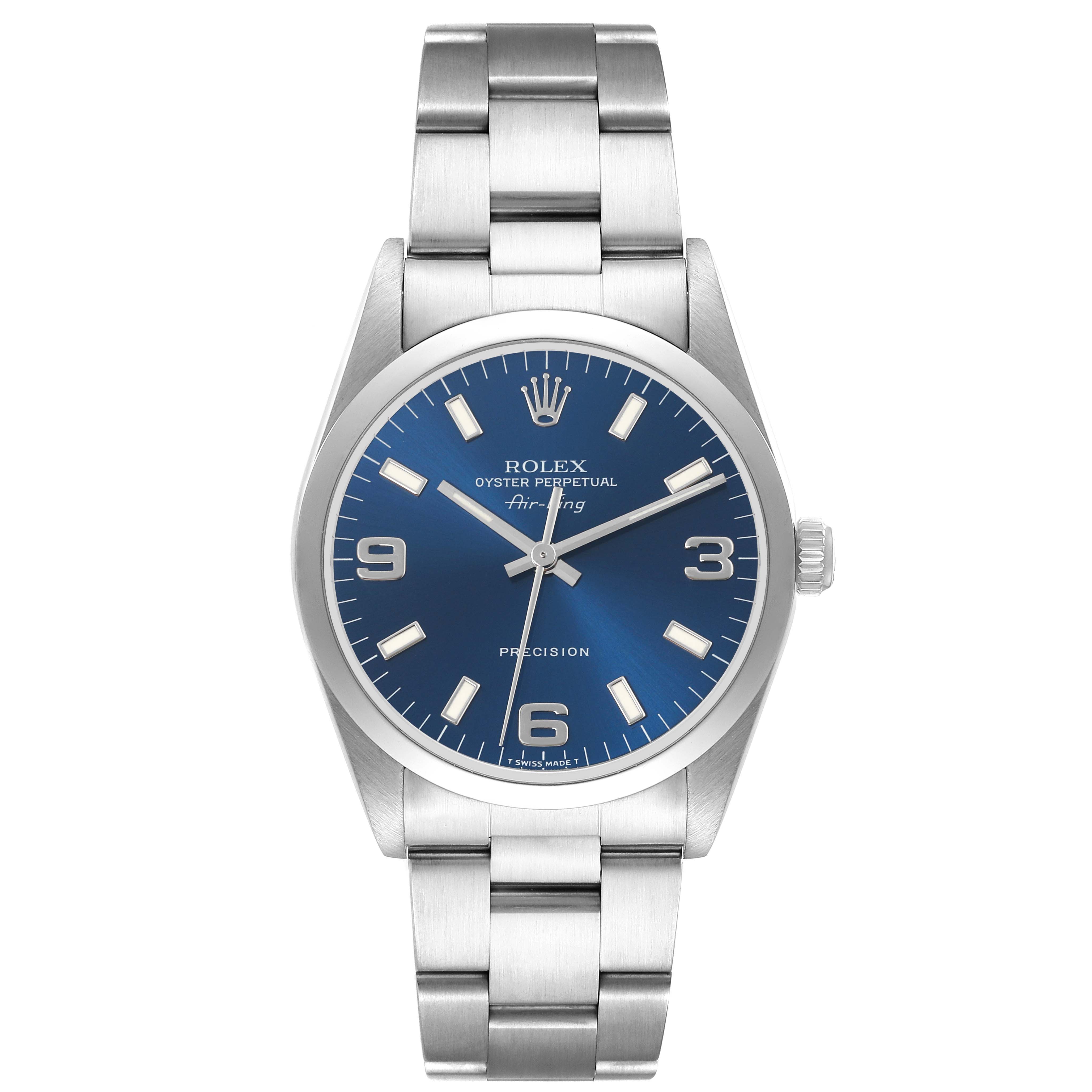 The Rolex Air-King 14000 Men's Stainless Steel Blue Dial 14000 Men's Stainless Steel Blue Dial watch is shown from the front, featuring a blue dial, hour markers, hands, and a metal bracelet.