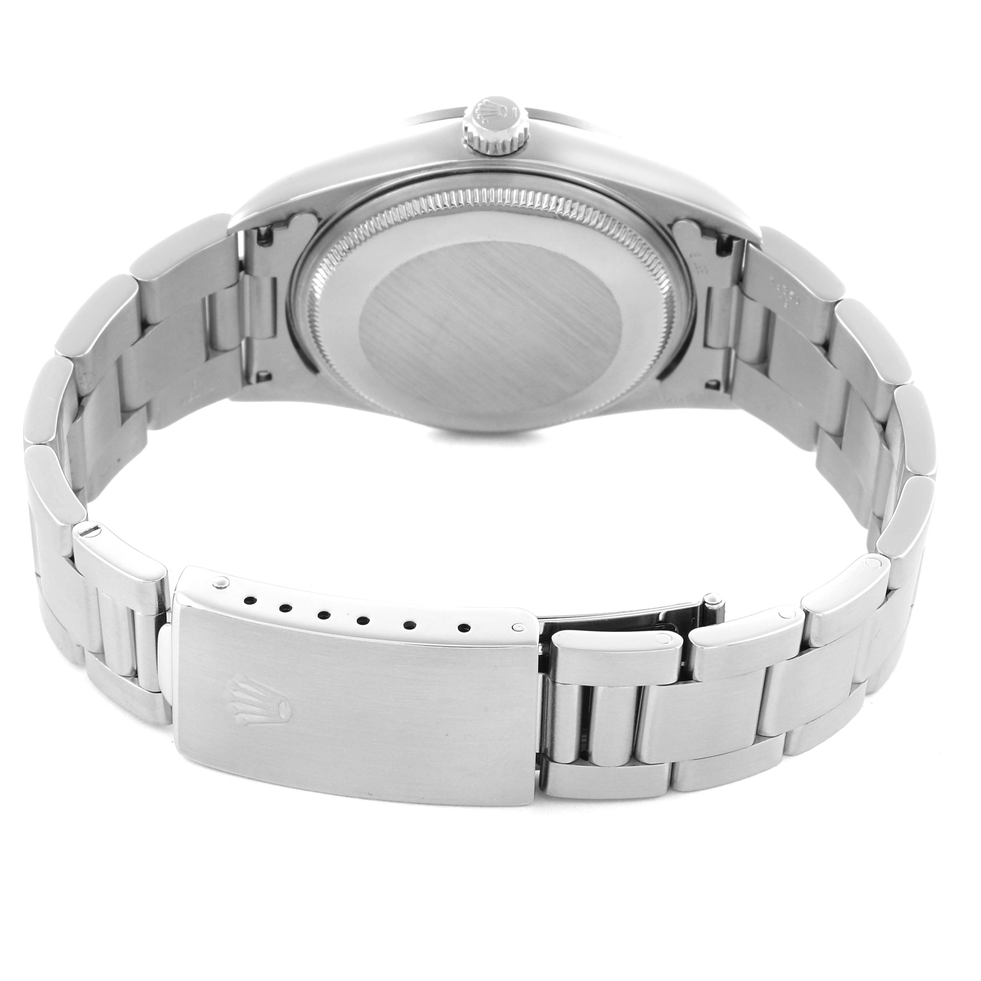 The Rolex Air-King 14000 Men's Stainless Steel Blue Dial 14000 Men's Stainless Steel Blue Dial watch is shown from the back, displaying its case back, crown, and bracelet clasp.