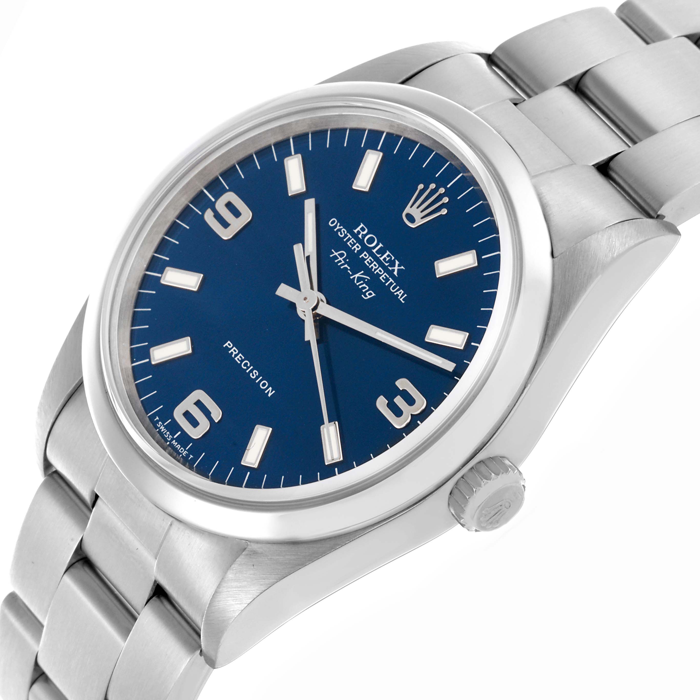 The Rolex Air-King 14000 Men's Stainless Steel Blue Dial 14000 Men's Stainless Steel Blue Dial watch is shown at a three-quarter angle, highlighting the face, crown, and part of the bracelet.