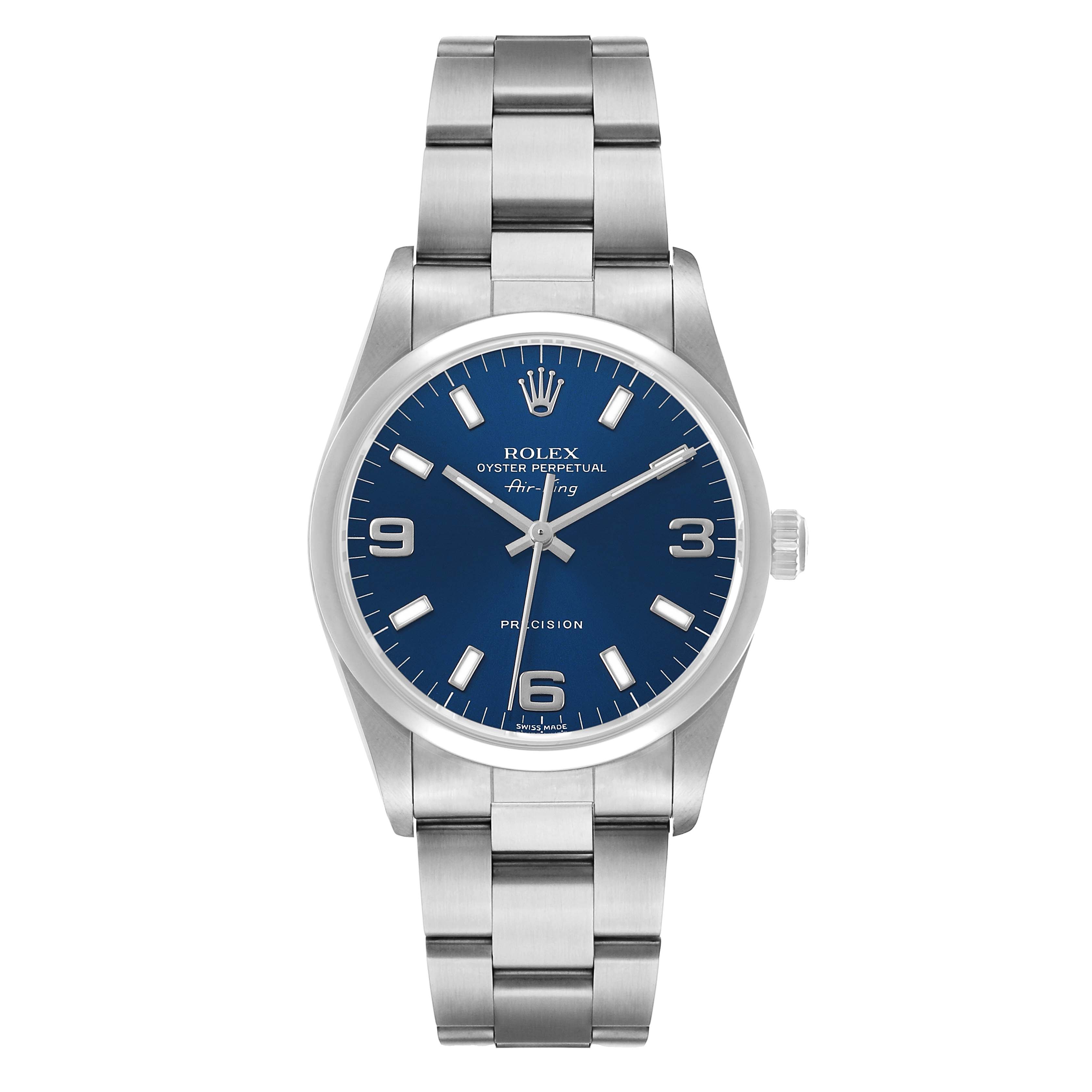 The Rolex Air-King 14000 Men's Stainless Steel Blue Dial watch is shown from a front angle, displaying the face, bezel, and bracelet clearly.